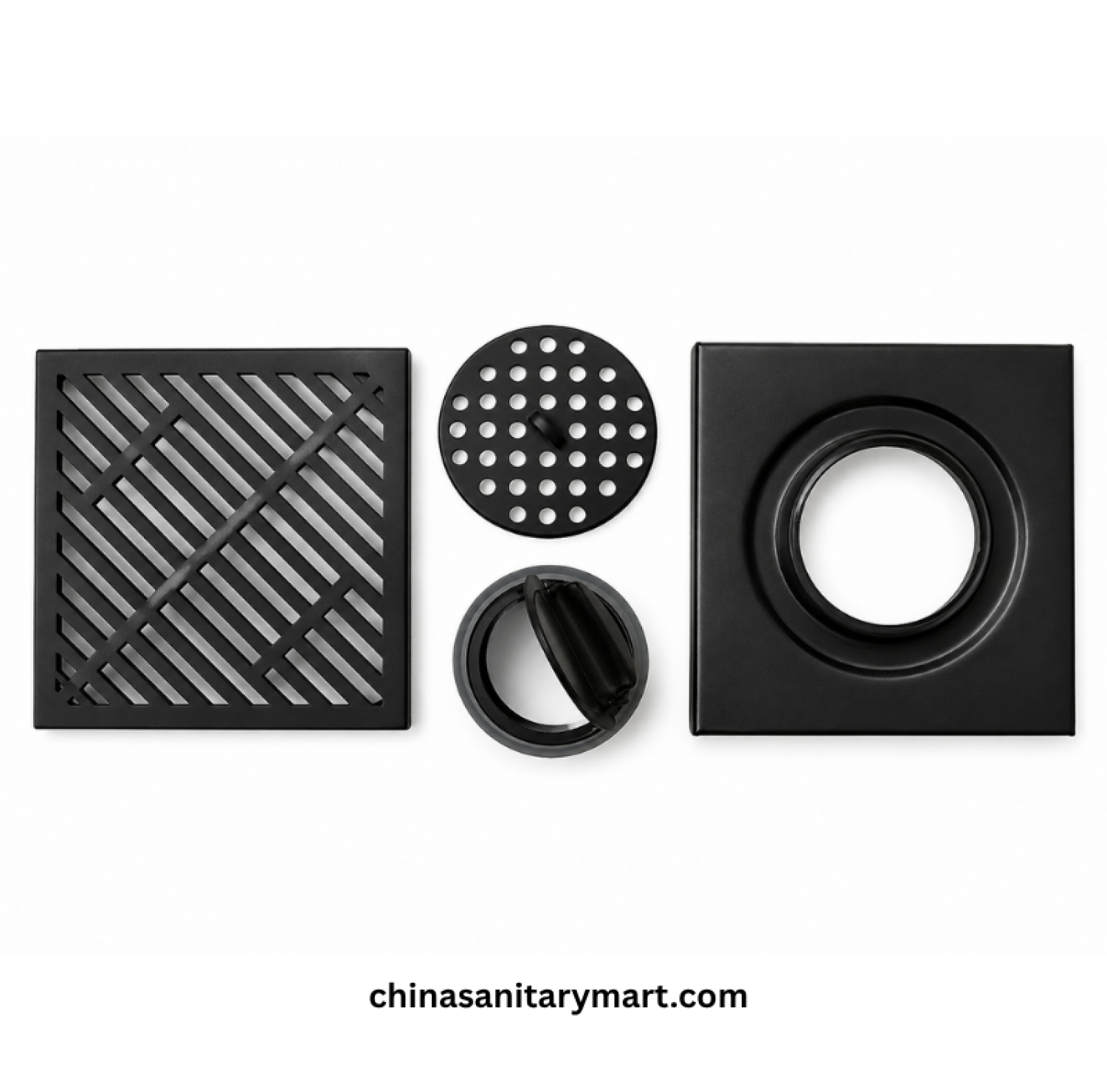 5x5 Inch ENM 203M Matte Black Floor Drain, matte black bathroom floor drain, black square floor drain, cross slot drain, shower drain, bathroom drain