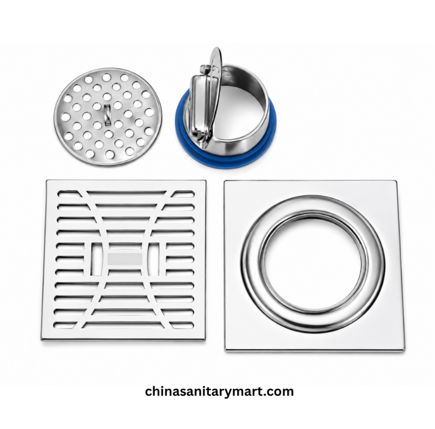 5x5 Inch ENM 204CP Chrome Polish Floor Drain, chrome bathroom floor drain, chrome square drain, cross slot floor drain, shower drain, bathroom waste drain