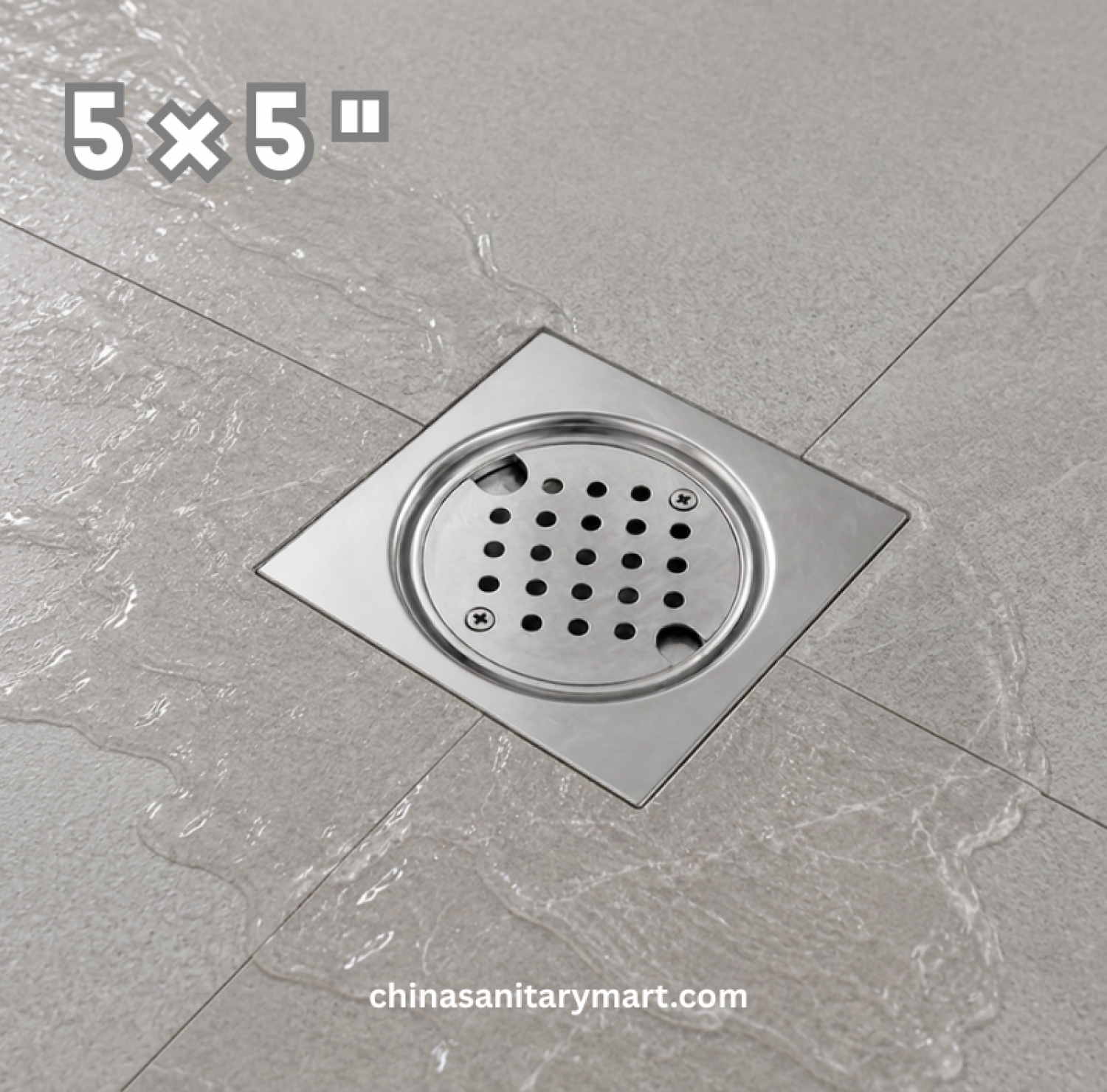 5x5 Inch FD-1773 Nushan Round Cover Bathroom Floor Drain, Nushan floor drain, round cover drain, chrome bathroom drain, square shower floor drain