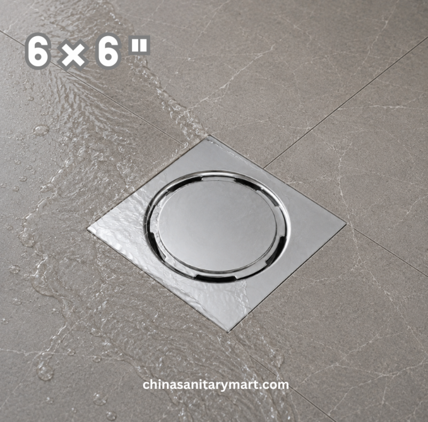 6x6 Inch FD-1772 Nushan Round Cover Bathroom Floor Drain, Nushan floor drain, round cover drain, chrome bathroom drain, square shower floor drain