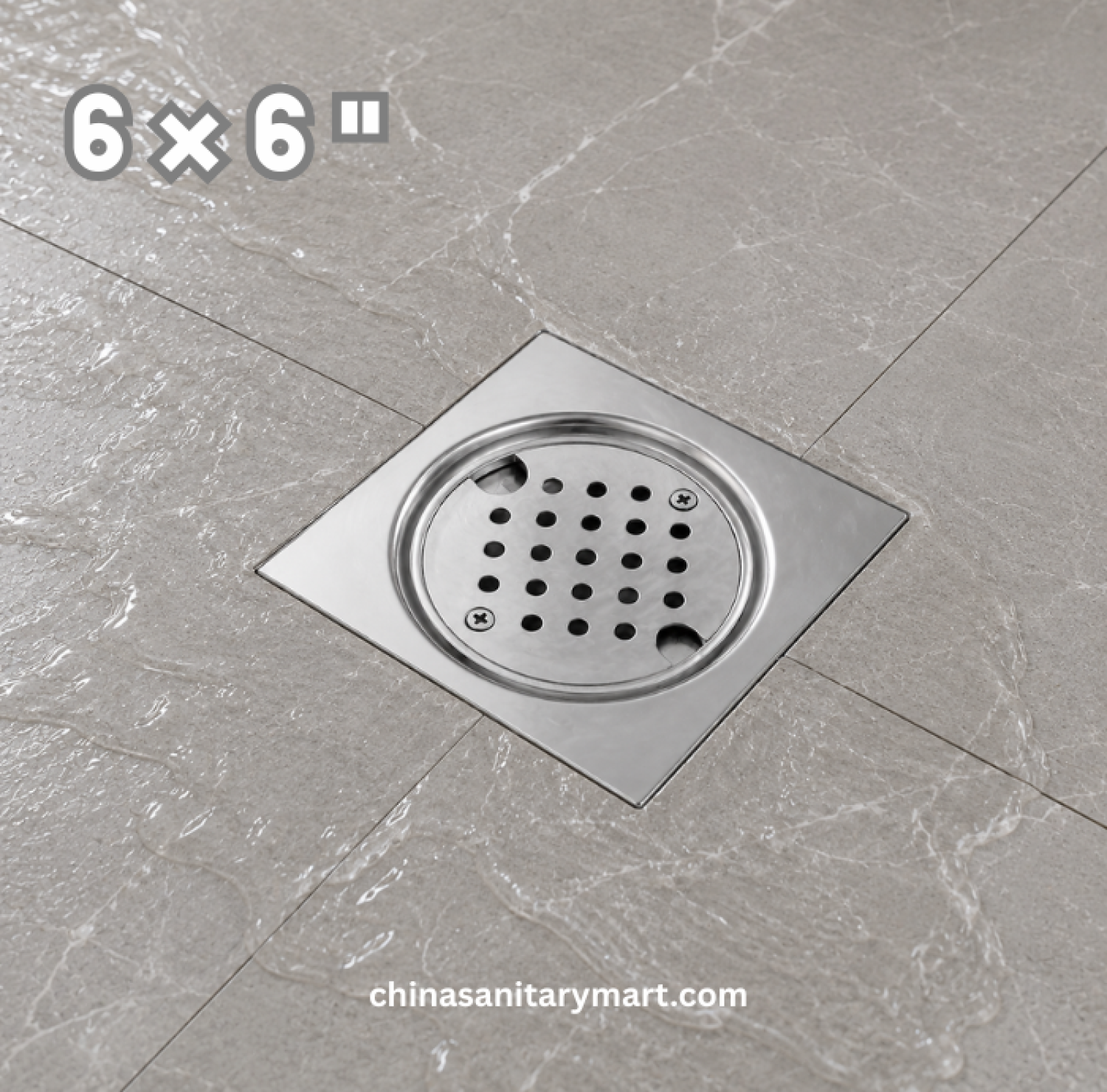 6x6 Inch FD-1772 Nushan Round Cover Bathroom Floor Drain, Nushan floor drain, round cover drain, chrome bathroom drain, square shower floor drain
