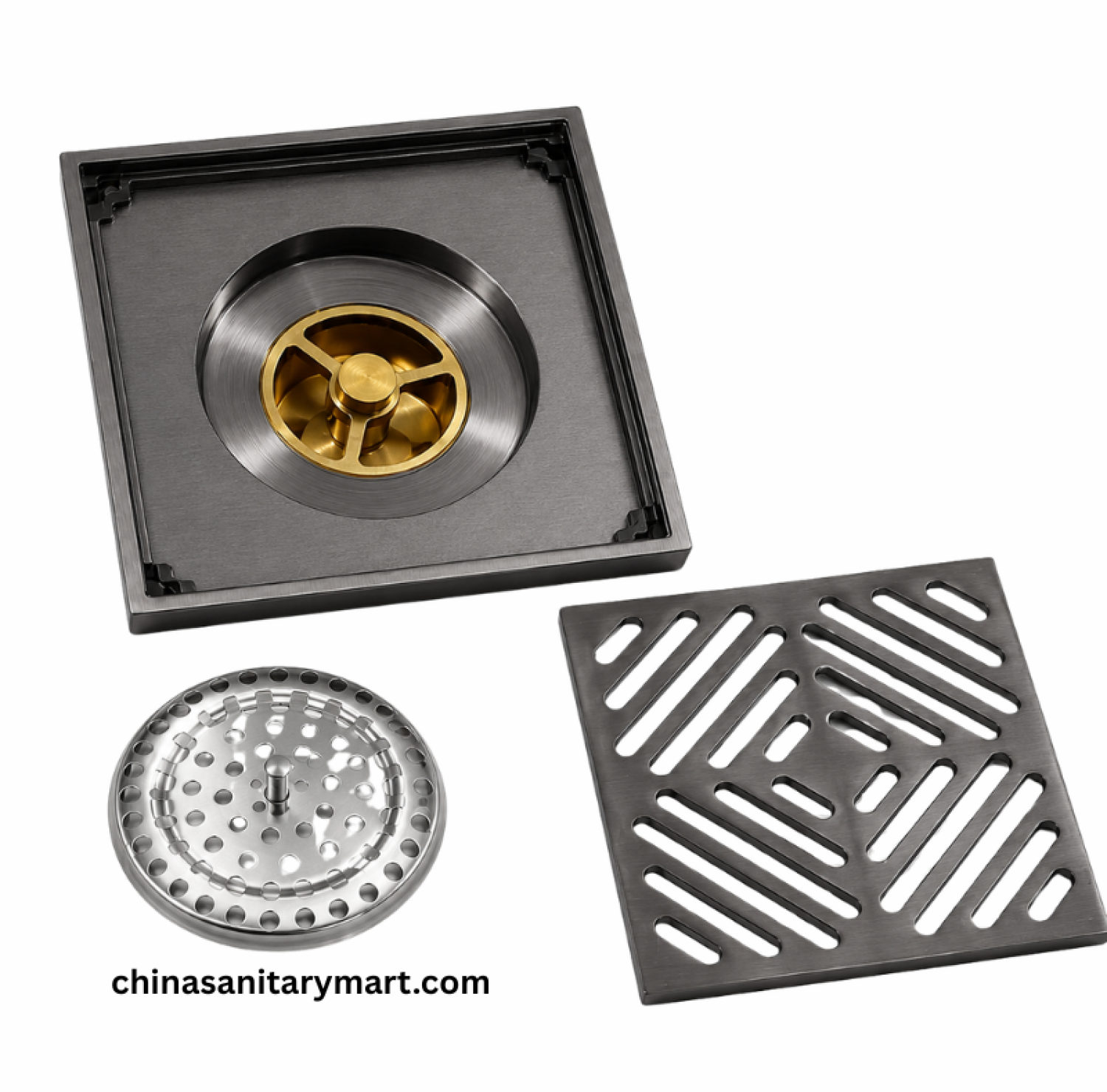 5x5 Inch MCN Heavy M2 Brass Matte Grey Bathroom Floor Drain, MCN brass floor drain, matte grey bathroom drain, heavy duty shower drain