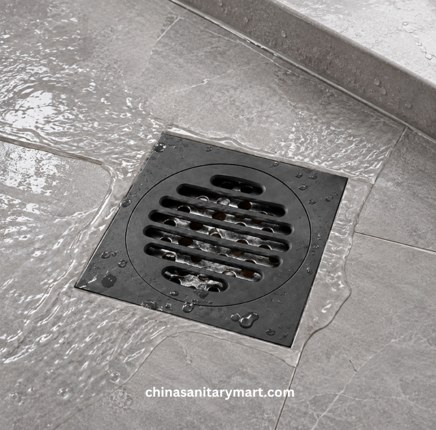 5x5 Inch FT Model B1 Matte Black Bathroom Floor Drain, matte black floor drain, black bathroom drain, round slotted shower drain
