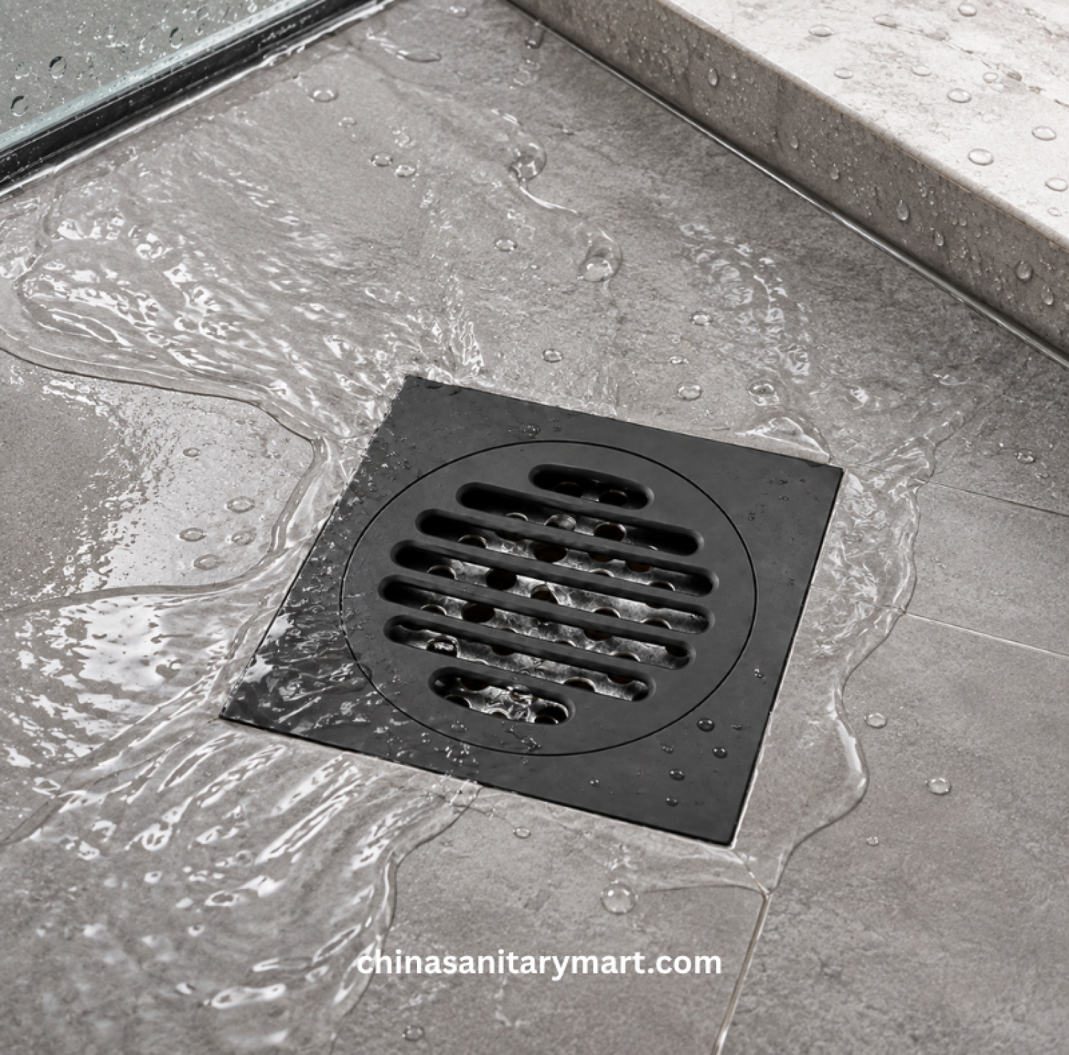 5x5 Inch FT Model B1 Matte Black Bathroom Floor Drain, matte black floor drain, black bathroom drain, round slotted shower drain