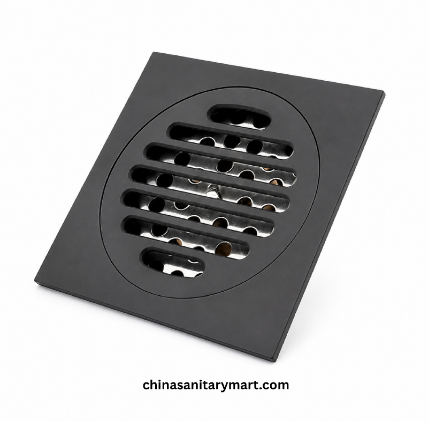 5x5 Inch FT Model B1 Matte Black Bathroom Floor Drain, matte black floor drain, black bathroom drain, round slotted shower drain