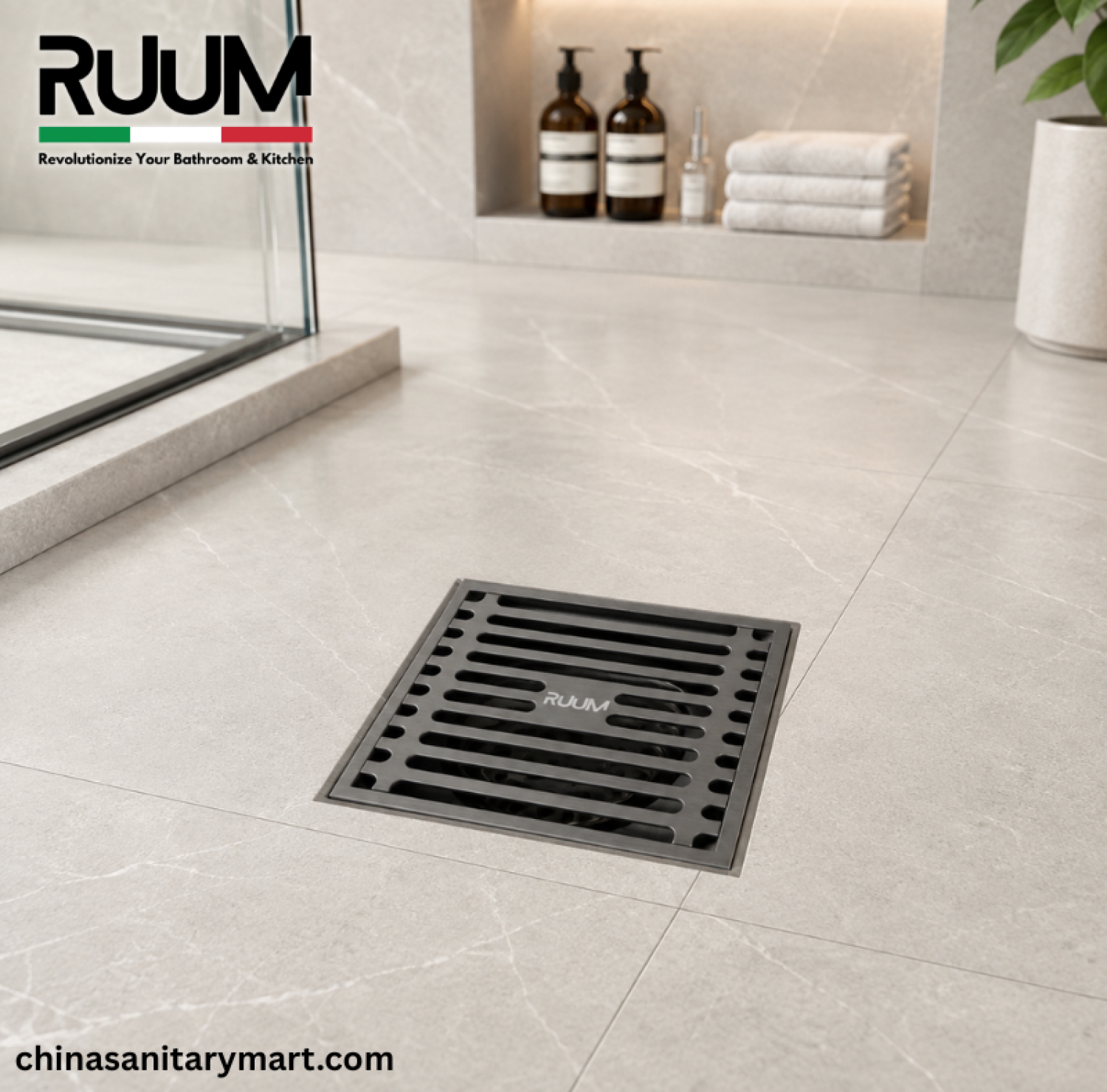 5x5 Inch RUUM VIP Model Bathroom Drain, RUUM VIP floor drain, matte black bathroom drain, square shower drain, RUUM bathroom floor drain