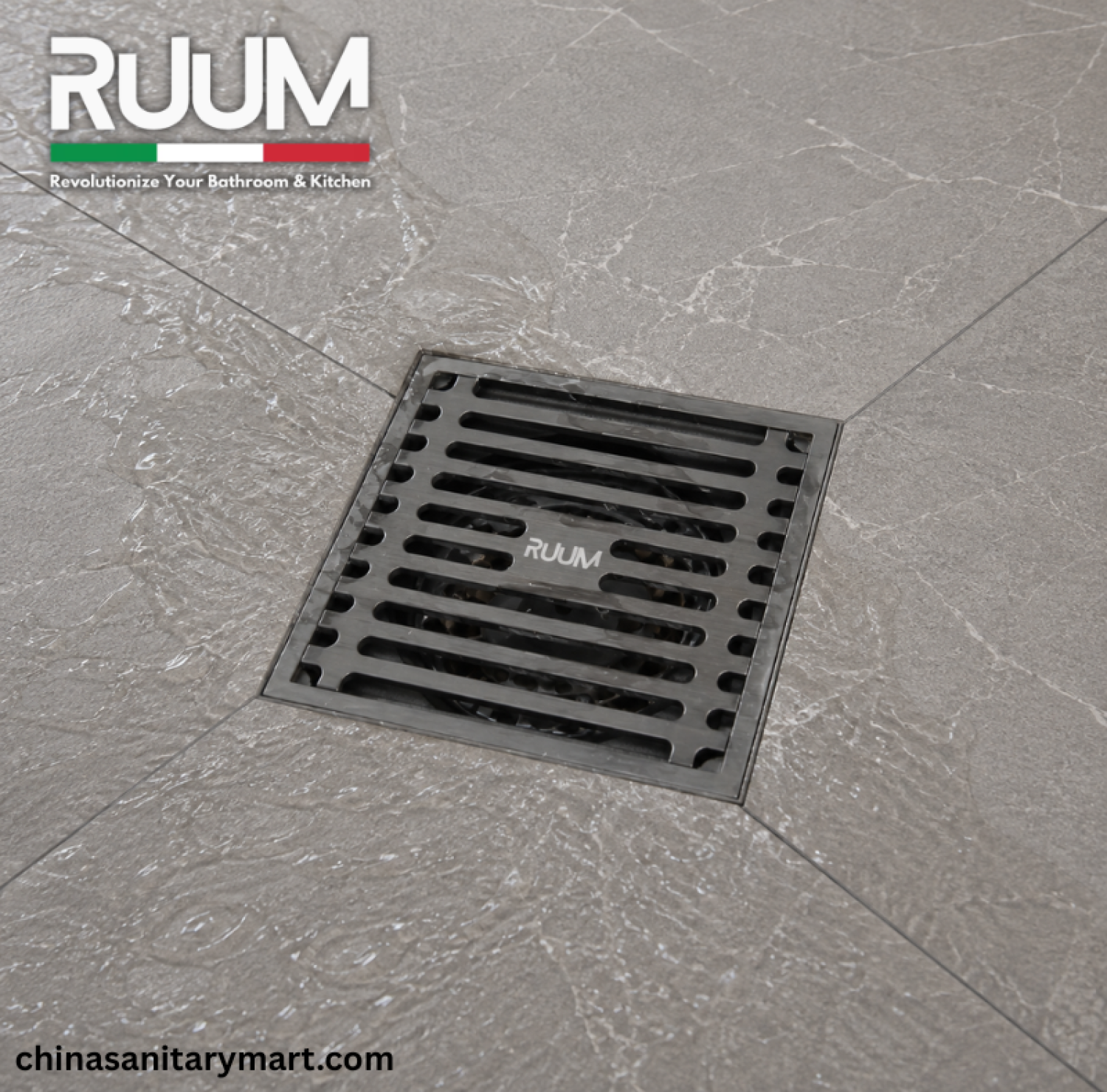 5x5 Inch RUUM VIP Model Bathroom Drain, RUUM VIP floor drain, matte black bathroom drain, square shower drain, RUUM bathroom floor drain