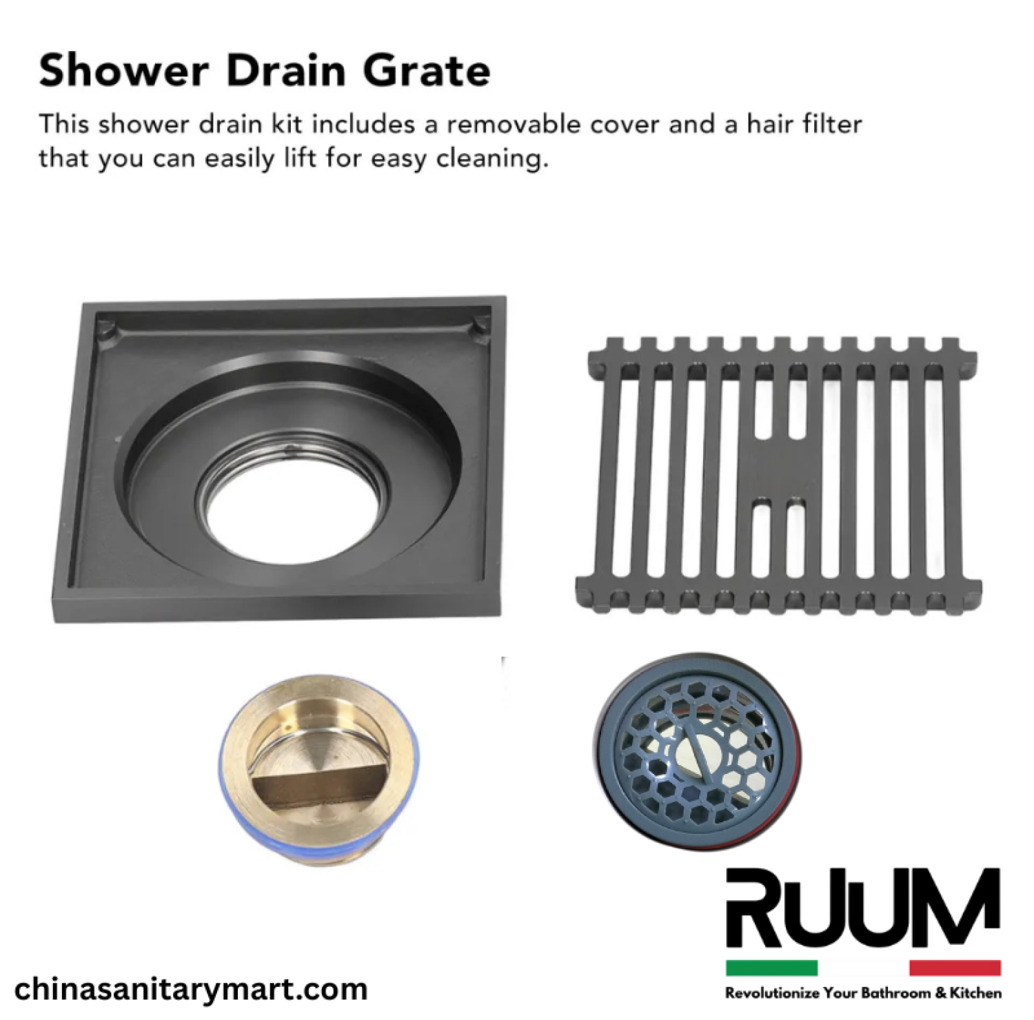 5x5 Inch RUUM VIP Model Bathroom Drain, RUUM VIP floor drain, matte black bathroom drain, square shower drain, RUUM bathroom floor drain