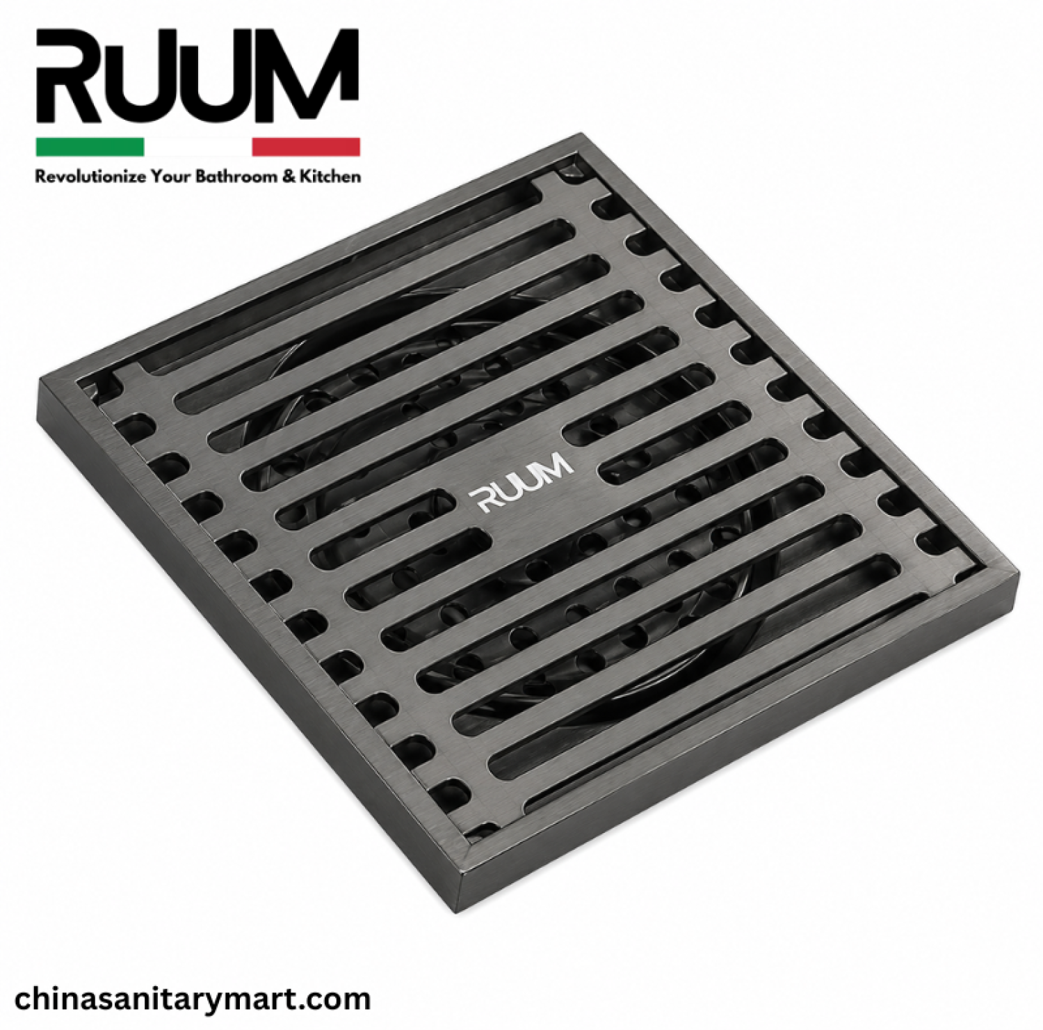 5x5 Inch RUUM VIP Model Bathroom Drain, RUUM VIP floor drain, matte black bathroom drain, square shower drain, RUUM bathroom floor drain