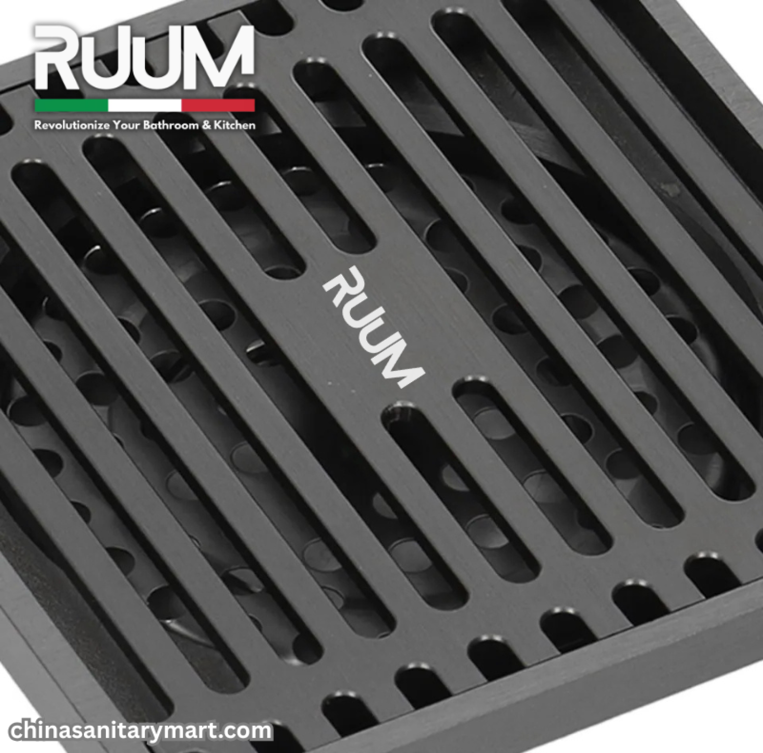 5x5 Inch RUUM VIP Model Bathroom Drain, RUUM VIP floor drain, matte black bathroom drain, square shower drain, RUUM bathroom floor drain