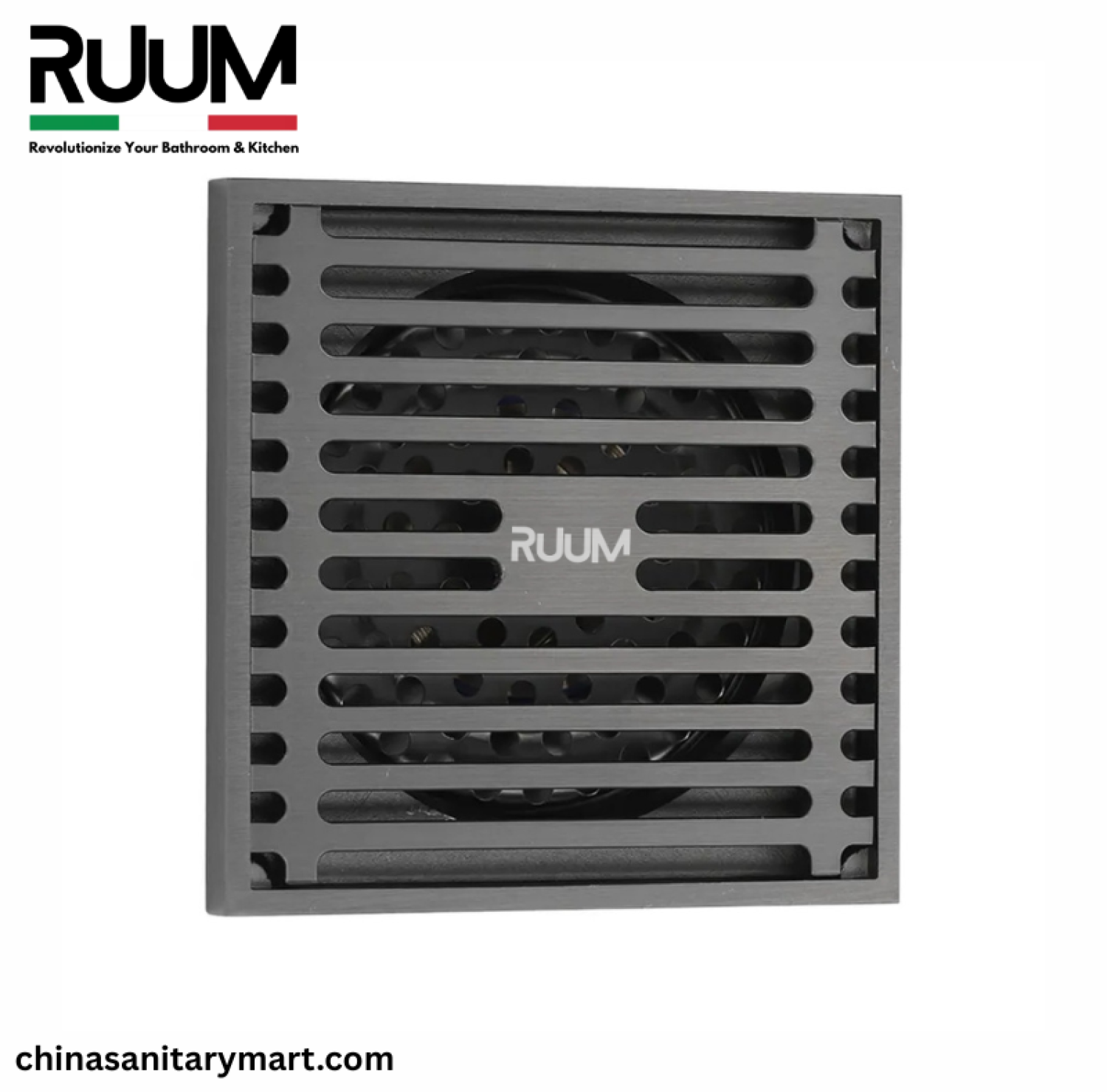 5x5 Inch RUUM VIP Model Bathroom Drain, RUUM VIP floor drain, matte black bathroom drain, square shower drain, RUUM bathroom floor drain