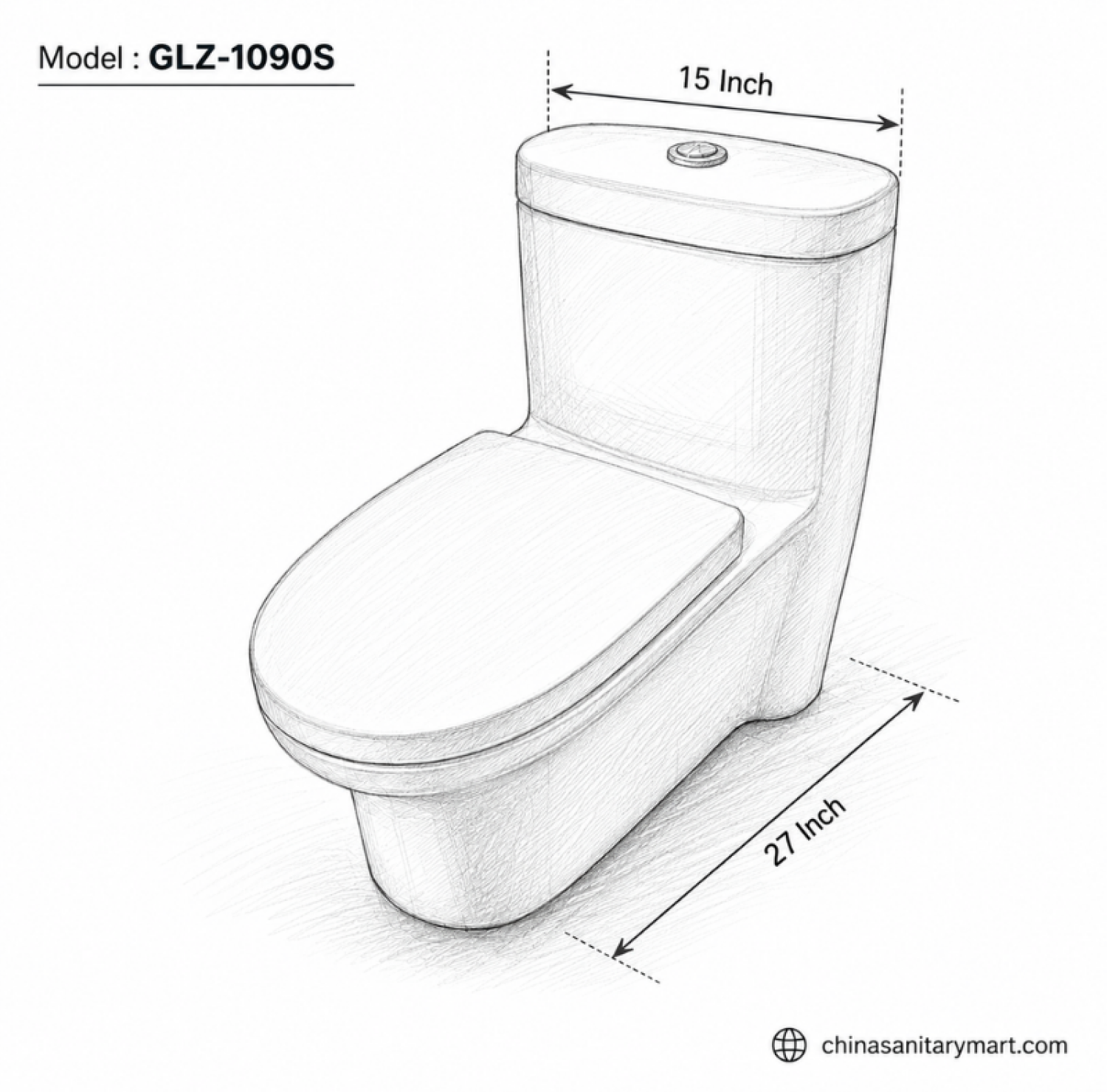 GLZ-1090S Tornado Jet Flush Commode, 15x27 inch one piece commode, white bathroom toilet, tornado flush toilet, modern one piece toilet
