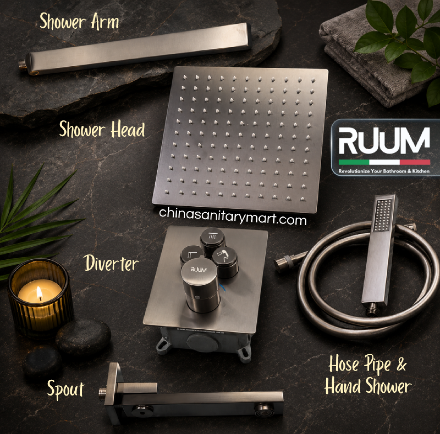 five way shower mixer gun metal, push button shower system, gun metal concealed shower mixer, rain shower hand shower set, RUUM shower mixer