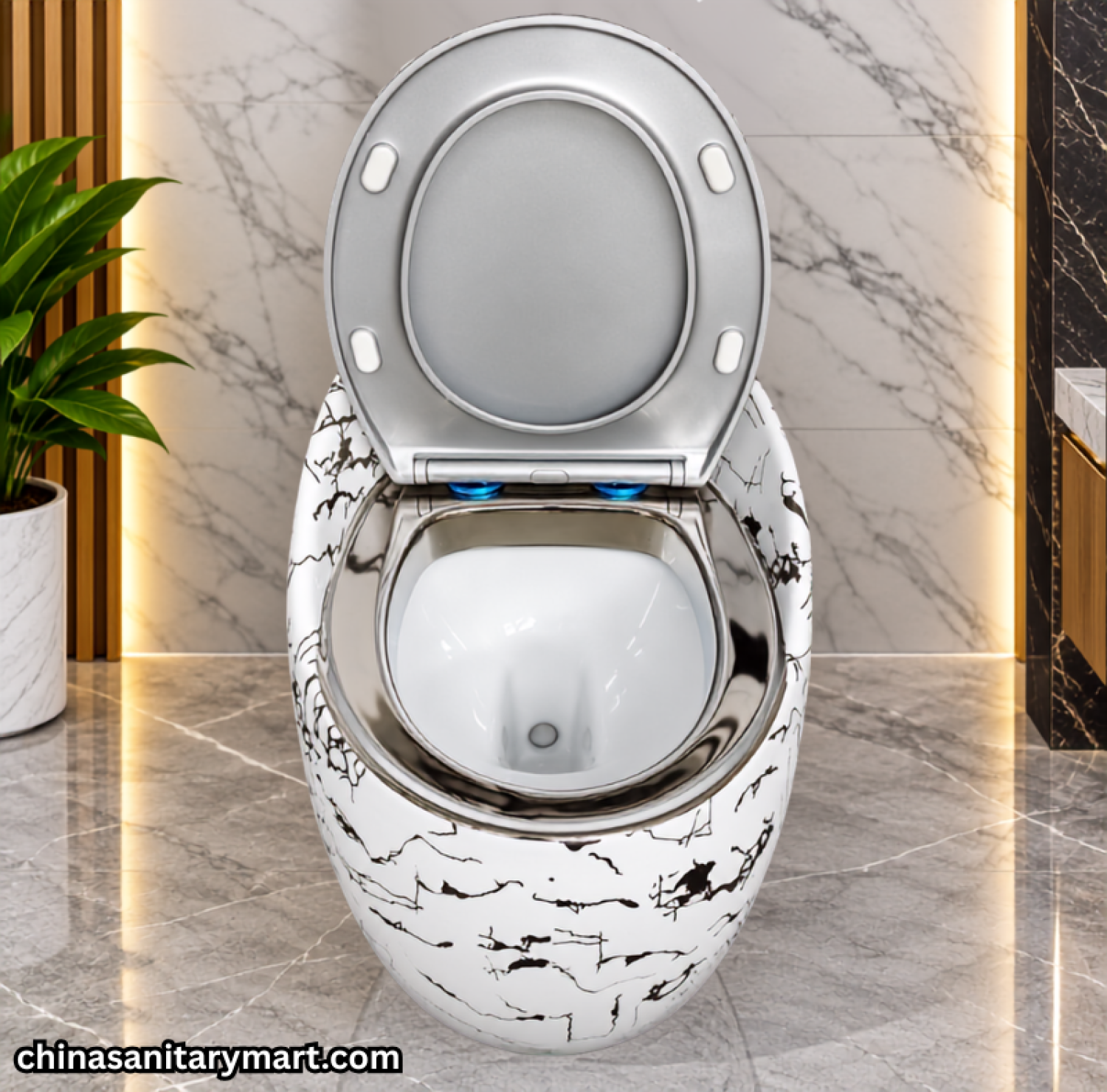 T088GE Commode, White Commode, Silver Crackle Print, Egg Shape Commode, One Piece Commode, Designer Commode, Luxury Bathroom Commode, Modern Commode, Silver Seat Cover