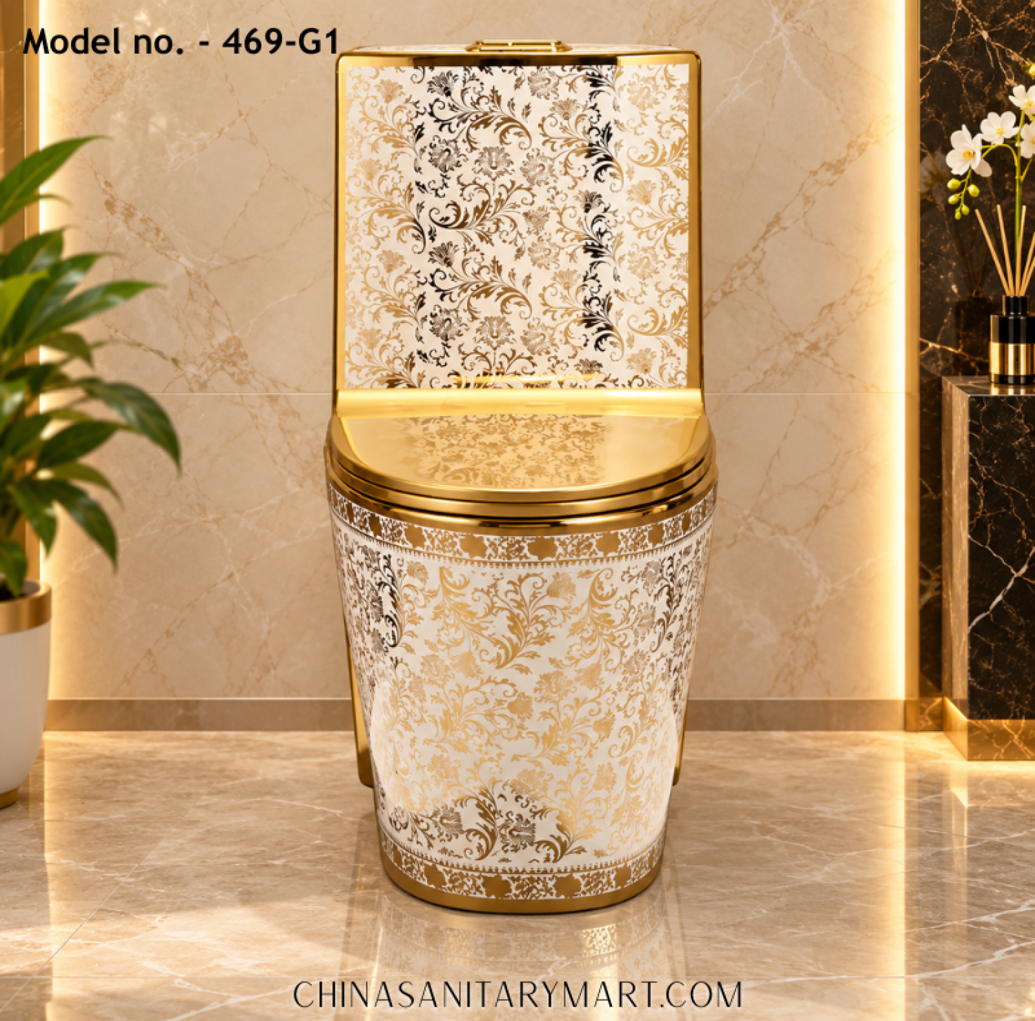 469-G1 tornado jet flush commode, white gold luxury commode, gold floral print toilet, designer one piece commode, premium gold bathroom toilet