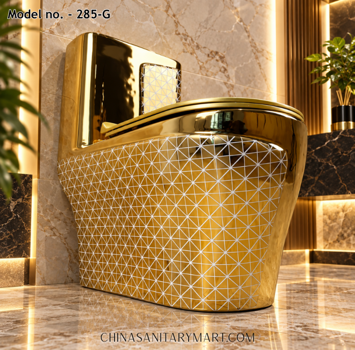 Tornado Jet Flush Commode 285-G Gold Toilet, Luxury Golden Commode, Designer Gold Toilet with Geometric Pattern