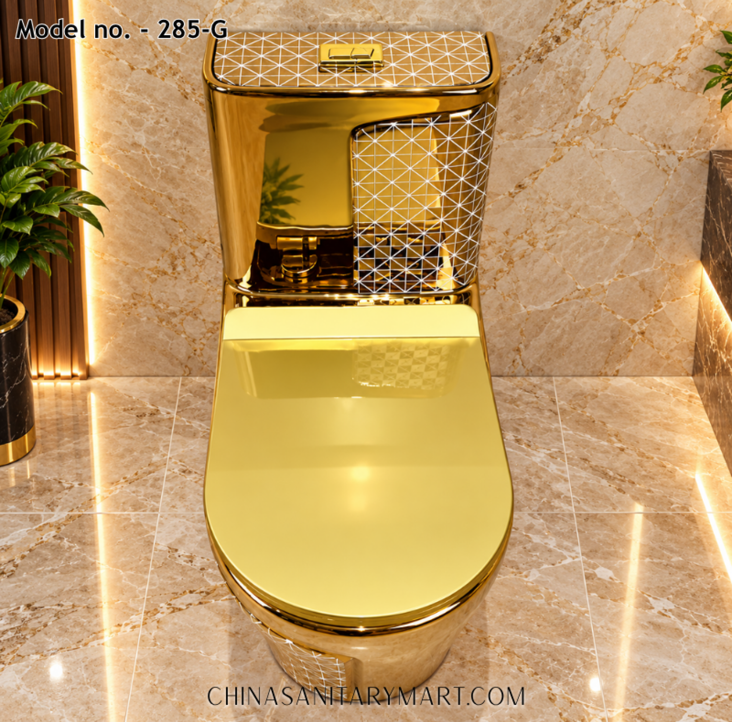 Tornado Jet Flush Commode 285-G Gold Toilet, Luxury Golden Commode, Designer Gold Toilet with Geometric Pattern