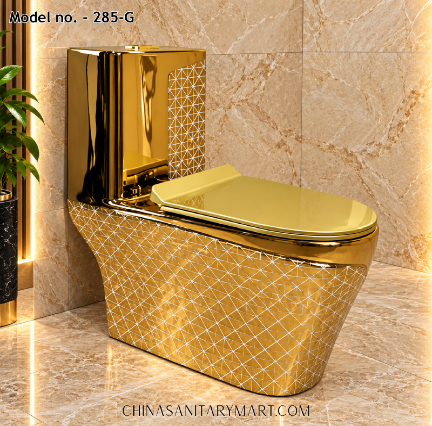Tornado Jet Flush Commode 285-G Gold Toilet, Luxury Golden Commode, Designer Gold Toilet with Geometric Pattern