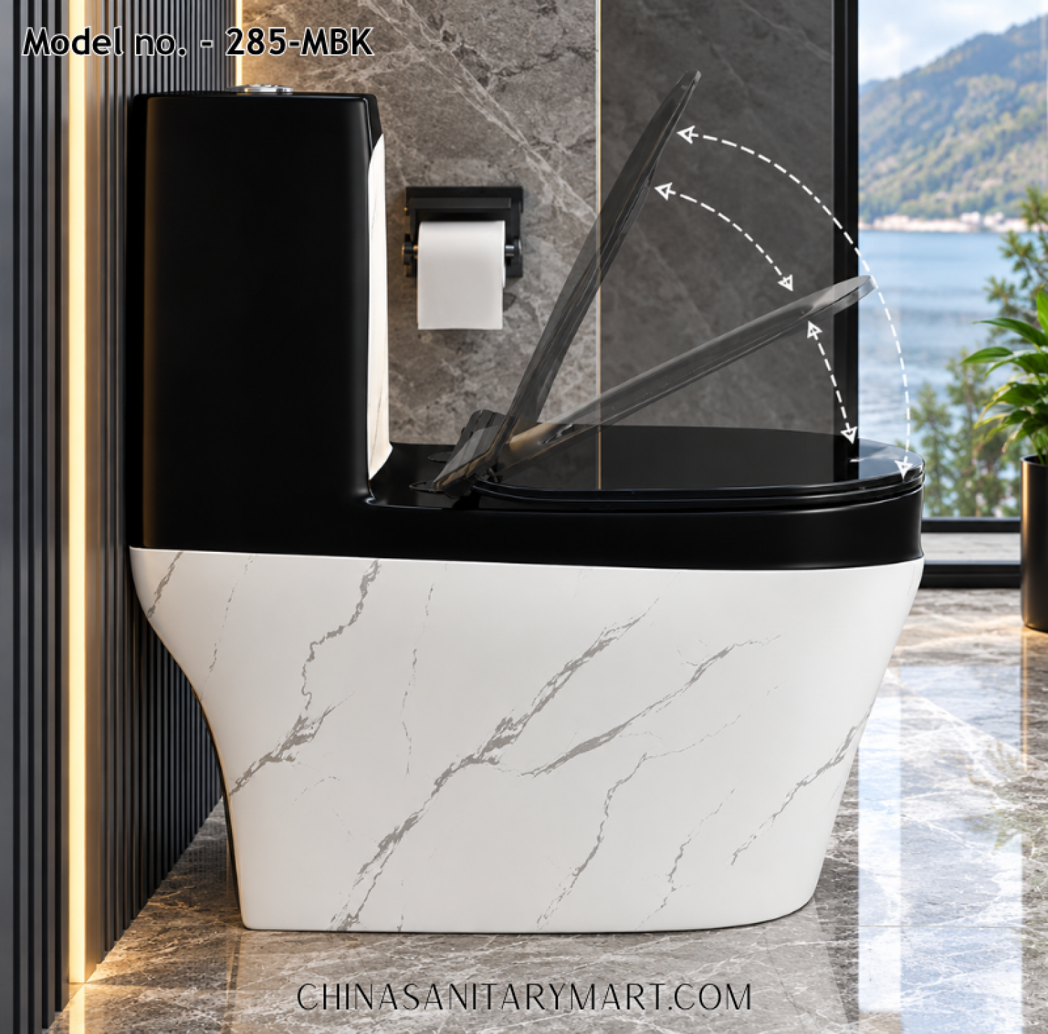 Tornado Jet Flush Commode 285-MBK Black White Marble Toilet, Luxury Designer Black Commode, Two Tone Marble Toilet