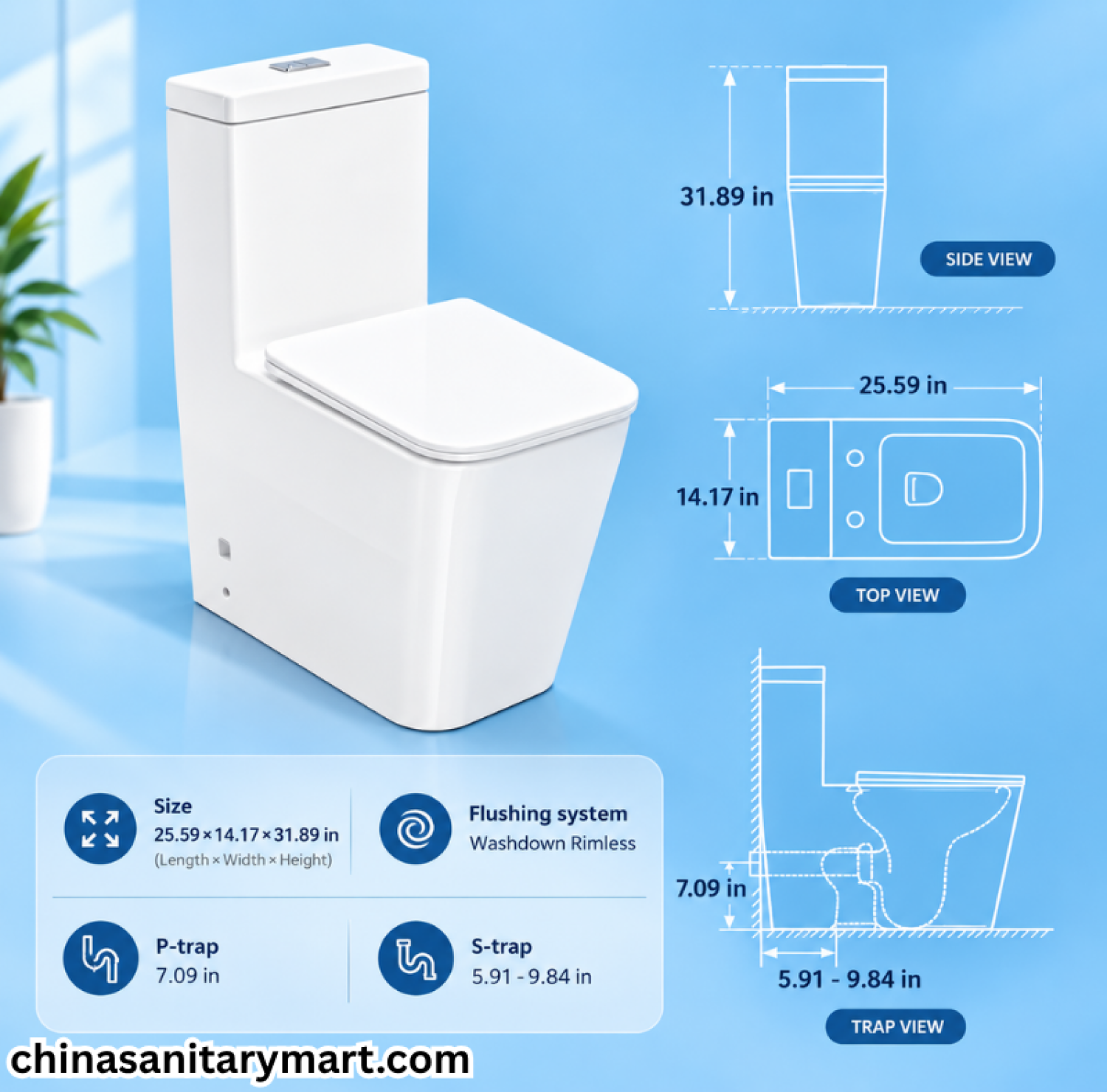 IS-3074 Tornado Flush P Trap 180 Commode, white rimless toilet, P trap commode, washdown flush toilet, modern white commode