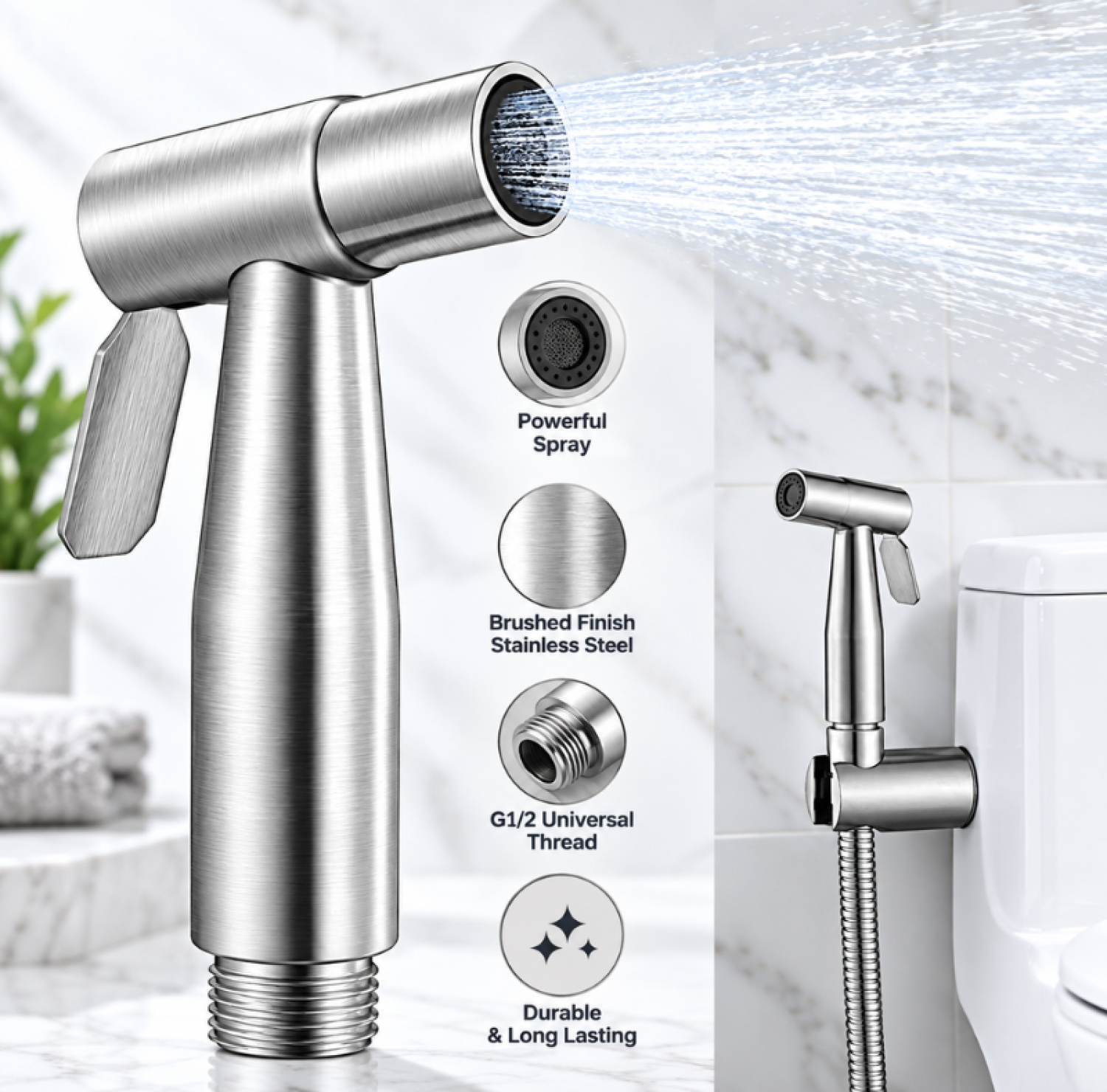 SUS stainless steel push shower, brushed finish bidet spray, adjustable water flow bathroom hand spray, G1/2 universal thread shower