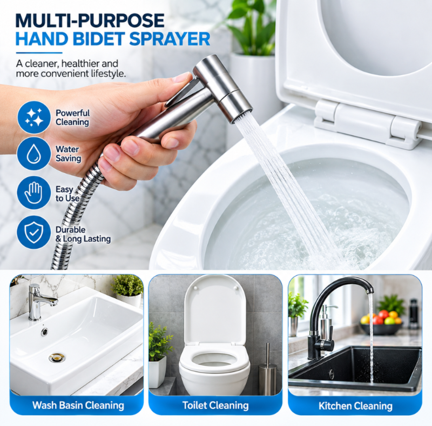SUS stainless steel push shower, brushed finish bidet spray, adjustable water flow bathroom hand spray, G1/2 universal thread shower