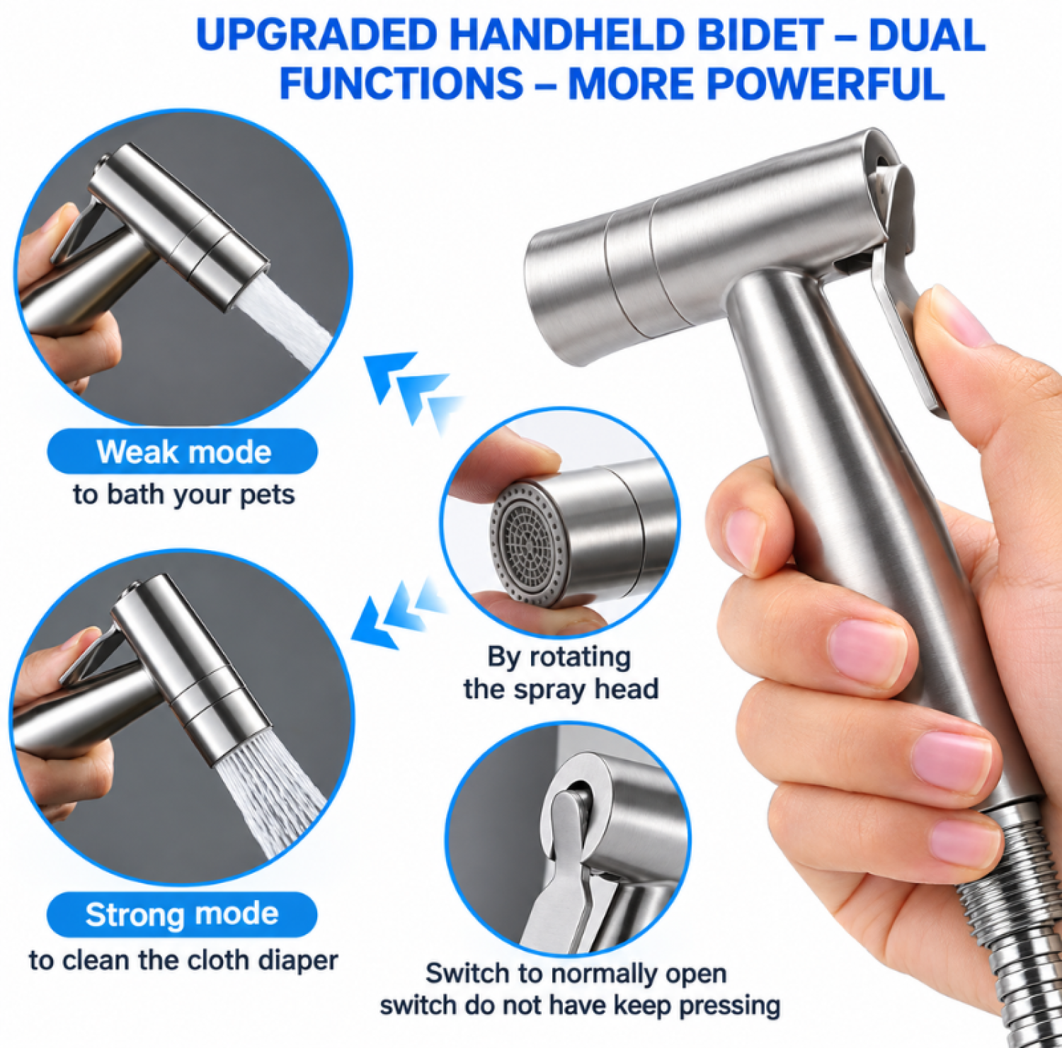Mecan Two Mode Push Shower SS Matte, stainless steel bidet spray, dual mode push shower, Mecan bathroom hand shower, G1/2 bidet spray