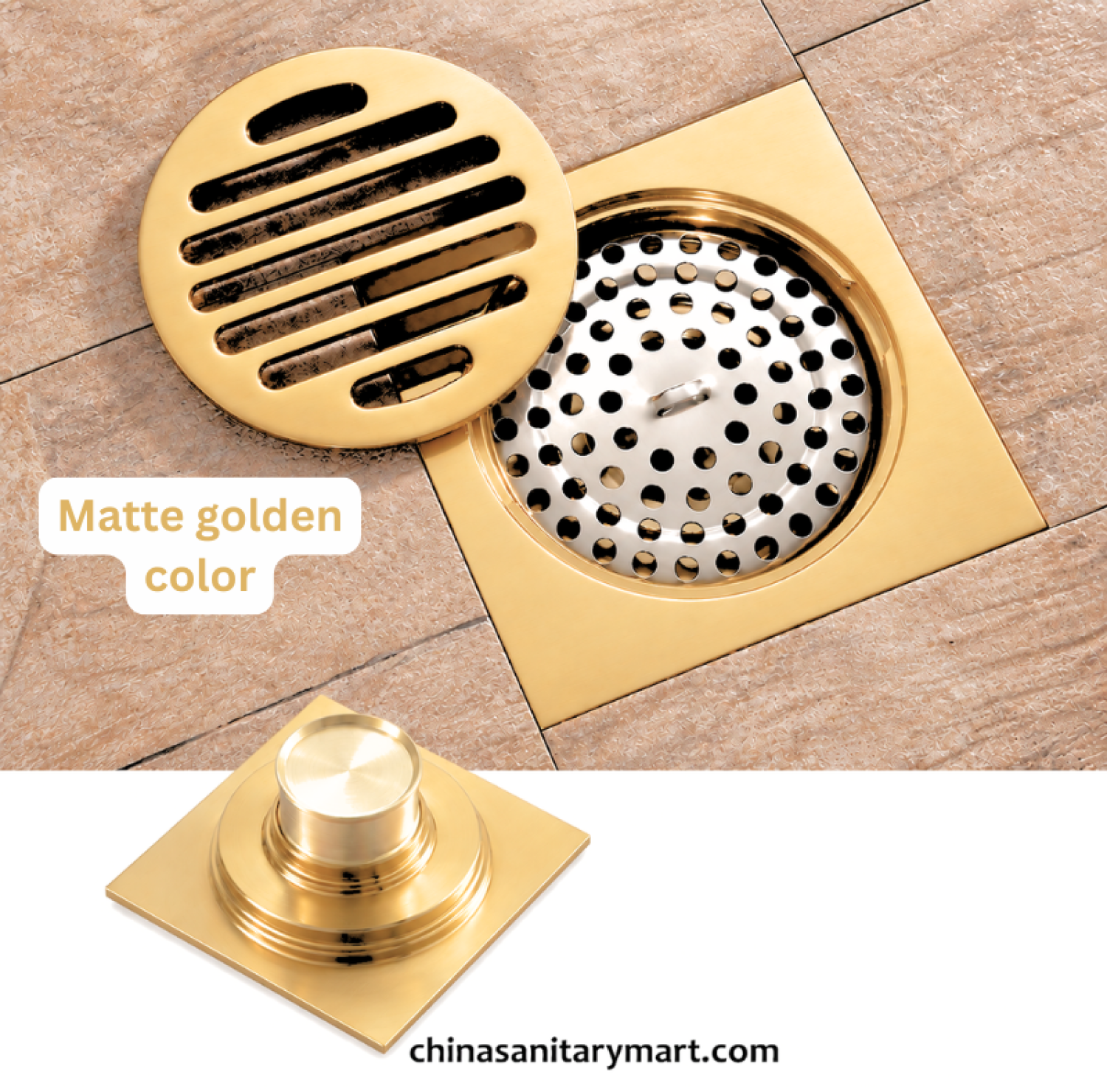 5 inch Ft Model B1 matte golden bathroom floor drain, matte gold square floor drain, slotted bathroom drain cover, China Sanitary Mart
