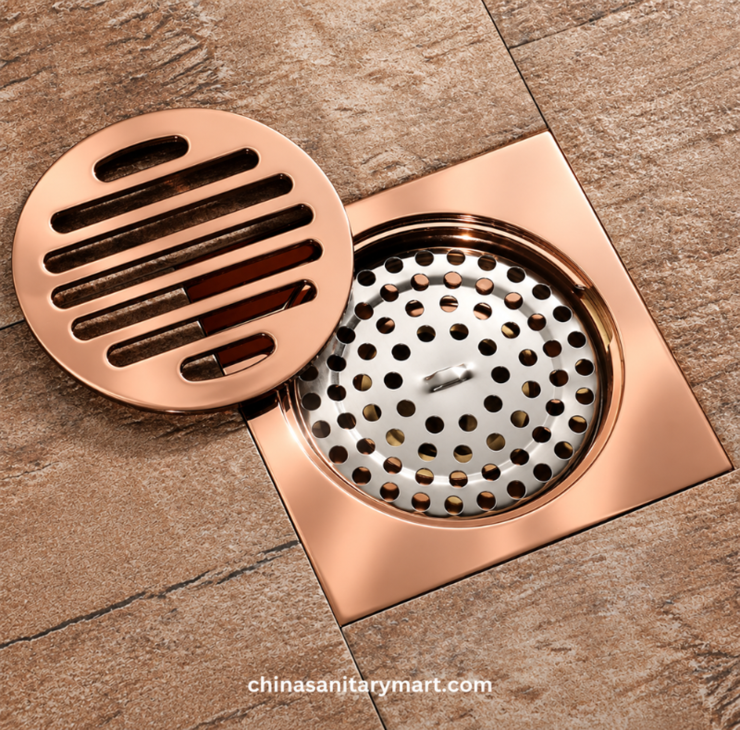 5 inch B1 RG rose gold bathroom floor drain, 5x5 inch rose gold floor drain, square bathroom drain cover, China Sanitary Mart