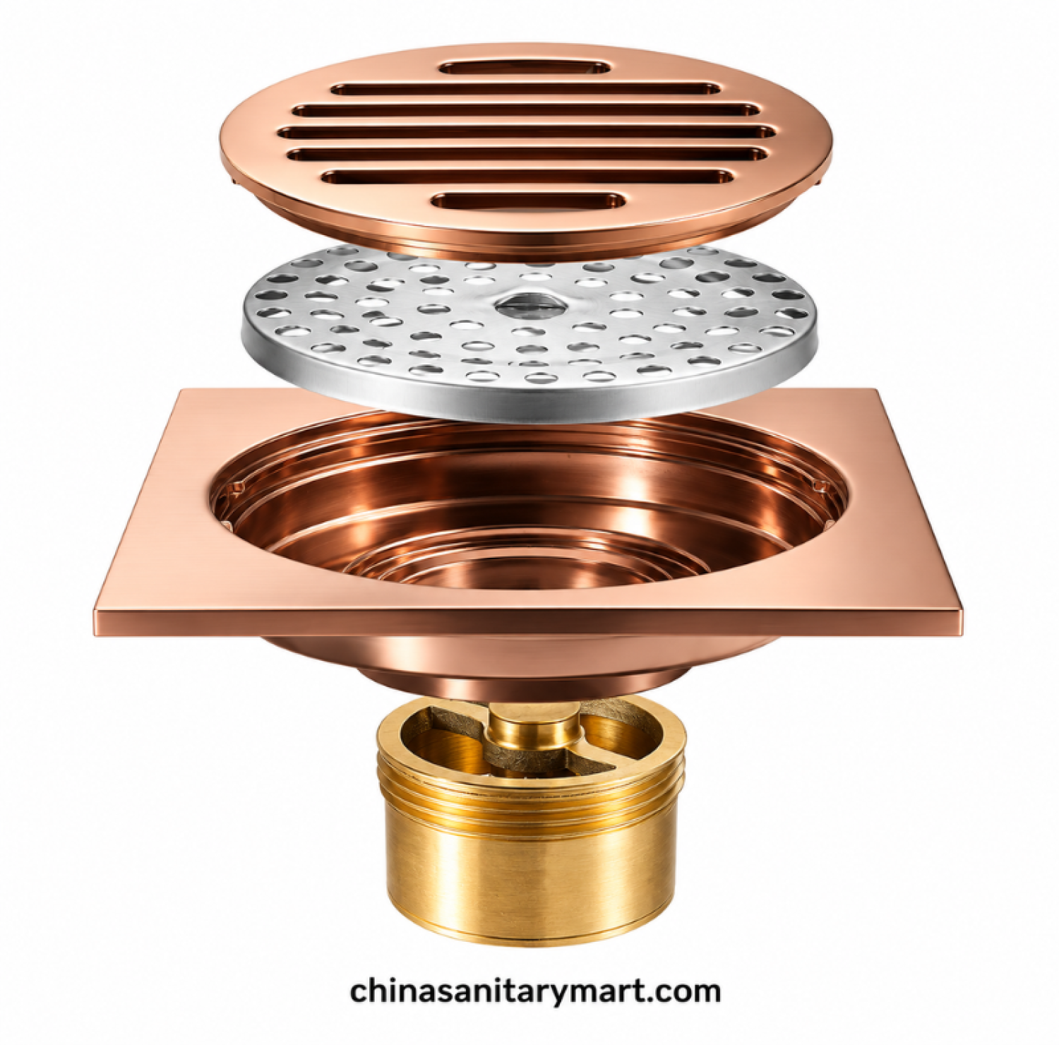 5 inch B1 RG rose gold bathroom floor drain, 5x5 inch rose gold floor drain, square bathroom drain cover, China Sanitary Mart