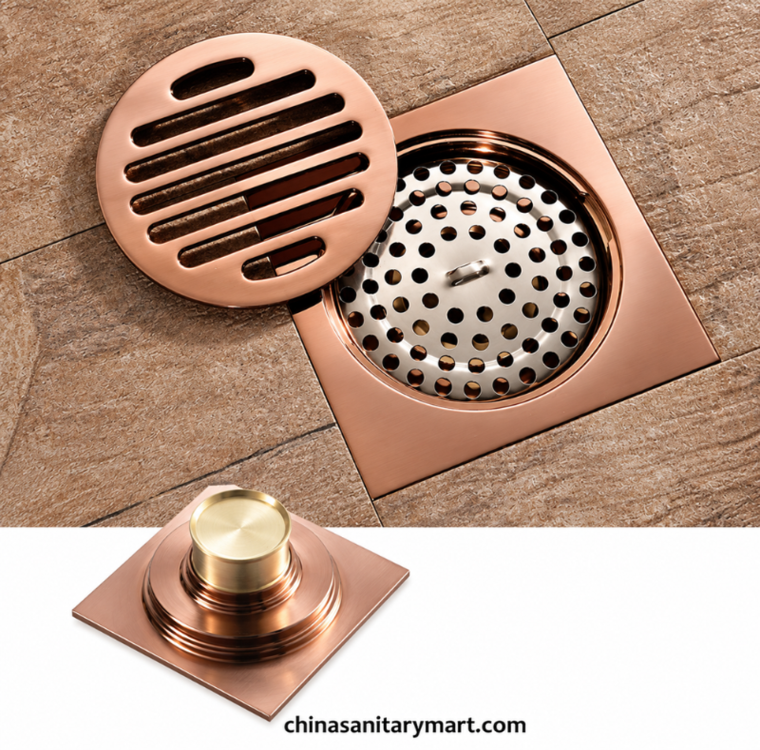 5 inch B1 RG rose gold bathroom floor drain, 5x5 inch rose gold floor drain, square bathroom drain cover, China Sanitary Mart