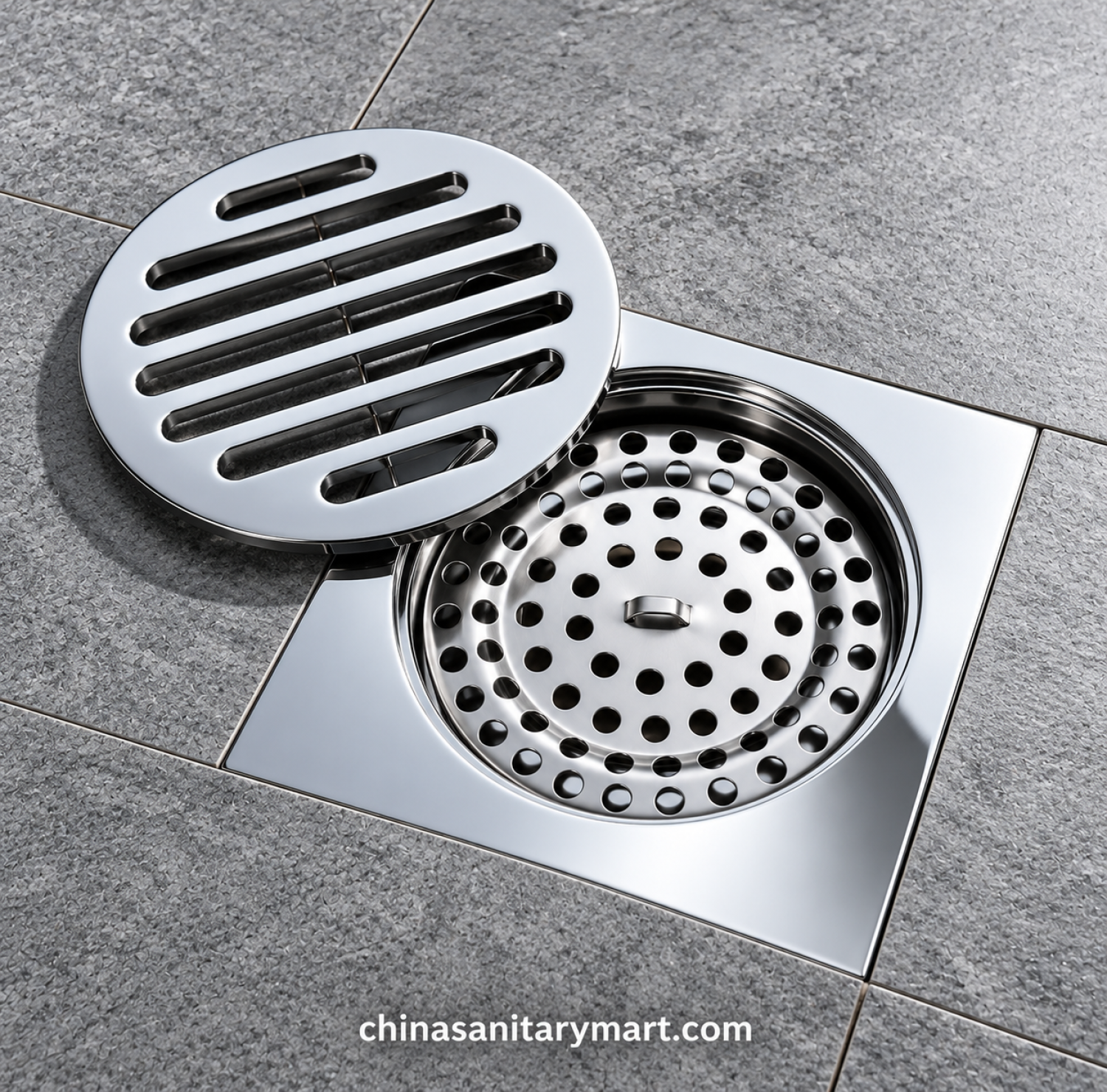 5x5 inch Axent CP chrome polish bathroom floor drain, square chrome floor drain, round slotted drain cover, bathroom drain Bangladesh
