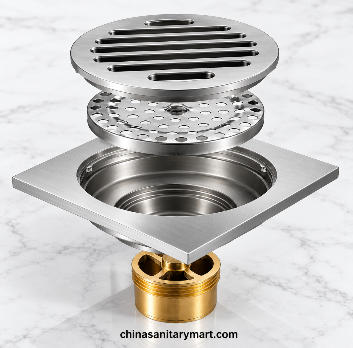 5x5 inch Axent CP chrome polish bathroom floor drain, square chrome floor drain, round slotted drain cover, bathroom drain Bangladesh