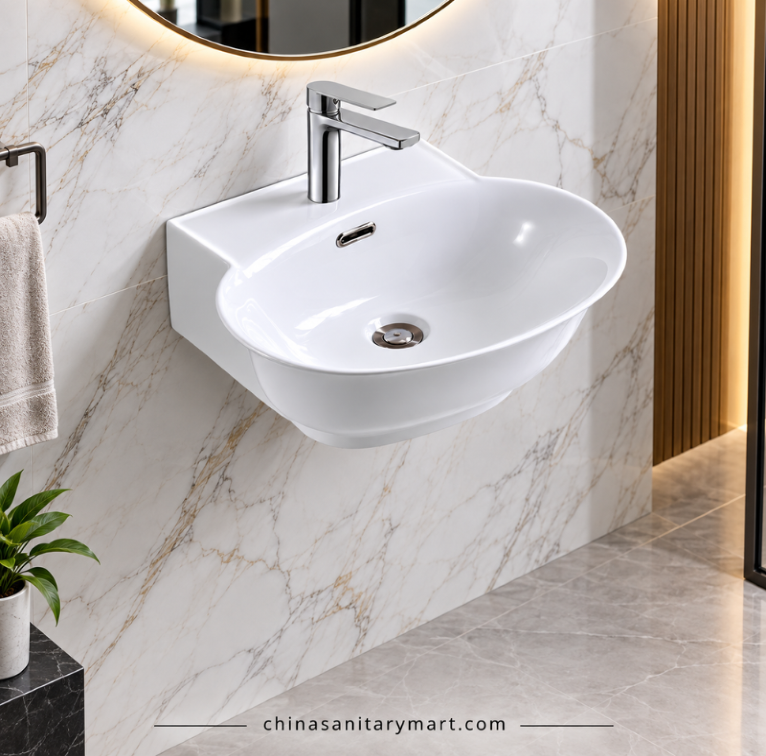 GV wall hung basin 20x18 inch, glossy white wall mounted ceramic basin, GV bathroom basin, wall hung wash basin Bangladesh