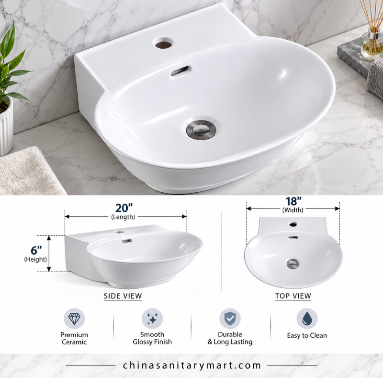 GV wall hung basin 20x18 inch, glossy white wall mounted ceramic basin, GV bathroom basin, wall hung wash basin Bangladesh