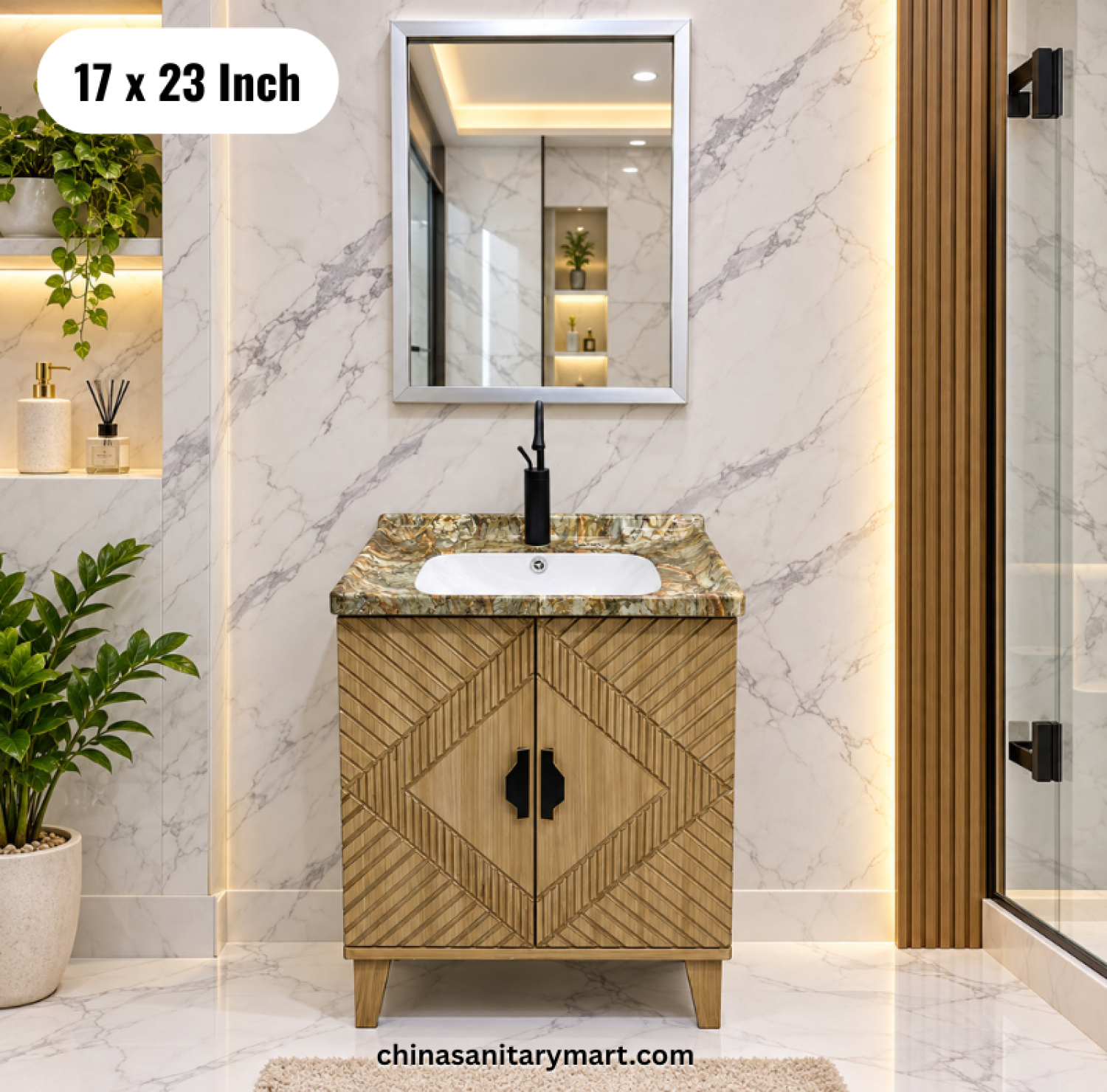 17x23 wooden basin cabinet set, integrated basin vanity with mirror and faucet, wooden bathroom vanity cabinet, bathroom cabinet Bangladesh