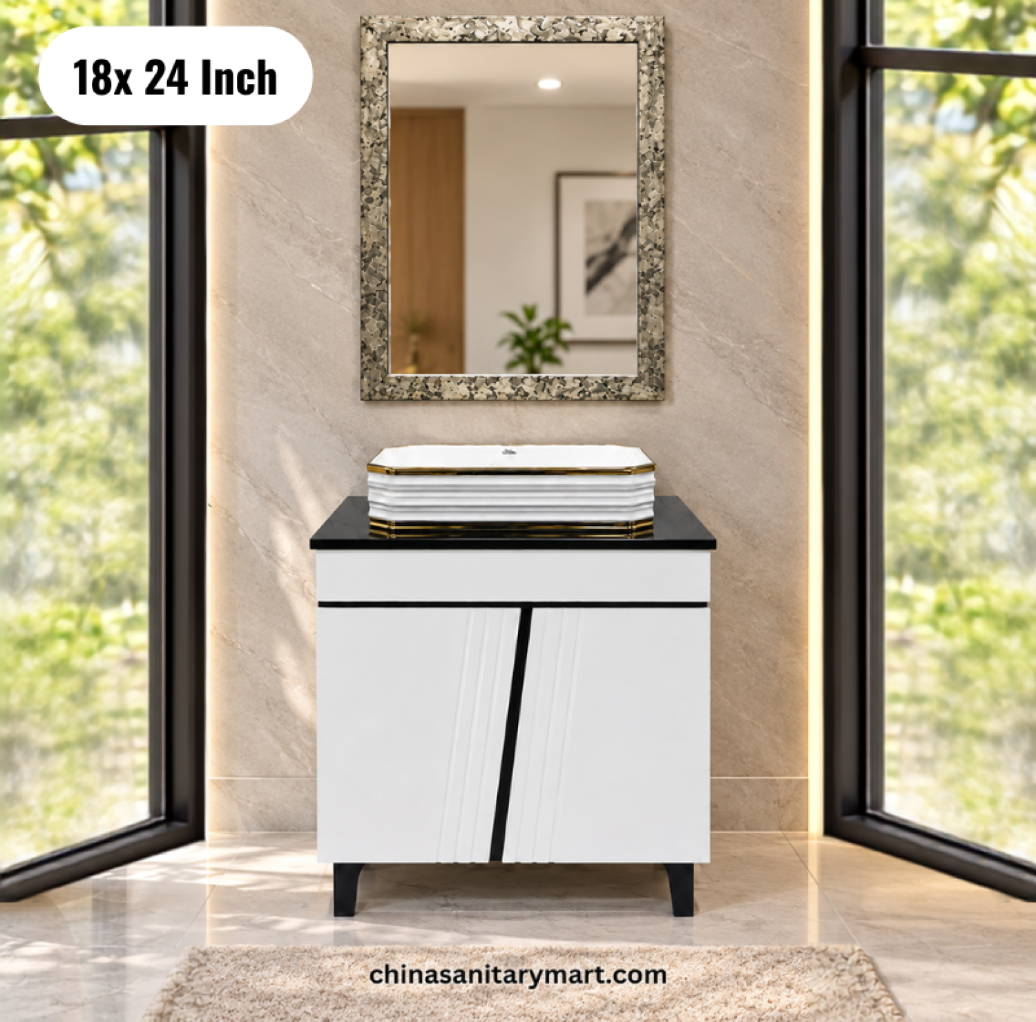 18x24 black white basin cabinet, 18x13 countertop basin, modern bathroom vanity with mirror, black white bathroom cabinet Bangladesh