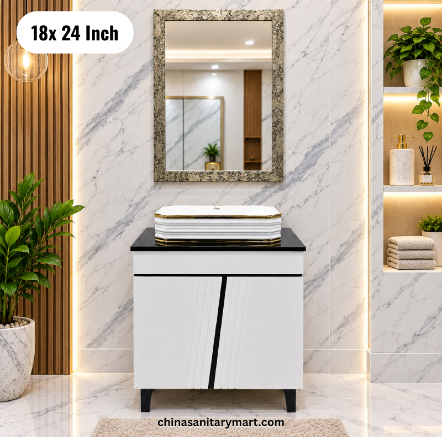 18x24 black white basin cabinet, 18x13 countertop basin, modern bathroom vanity with mirror, black white bathroom cabinet Bangladesh