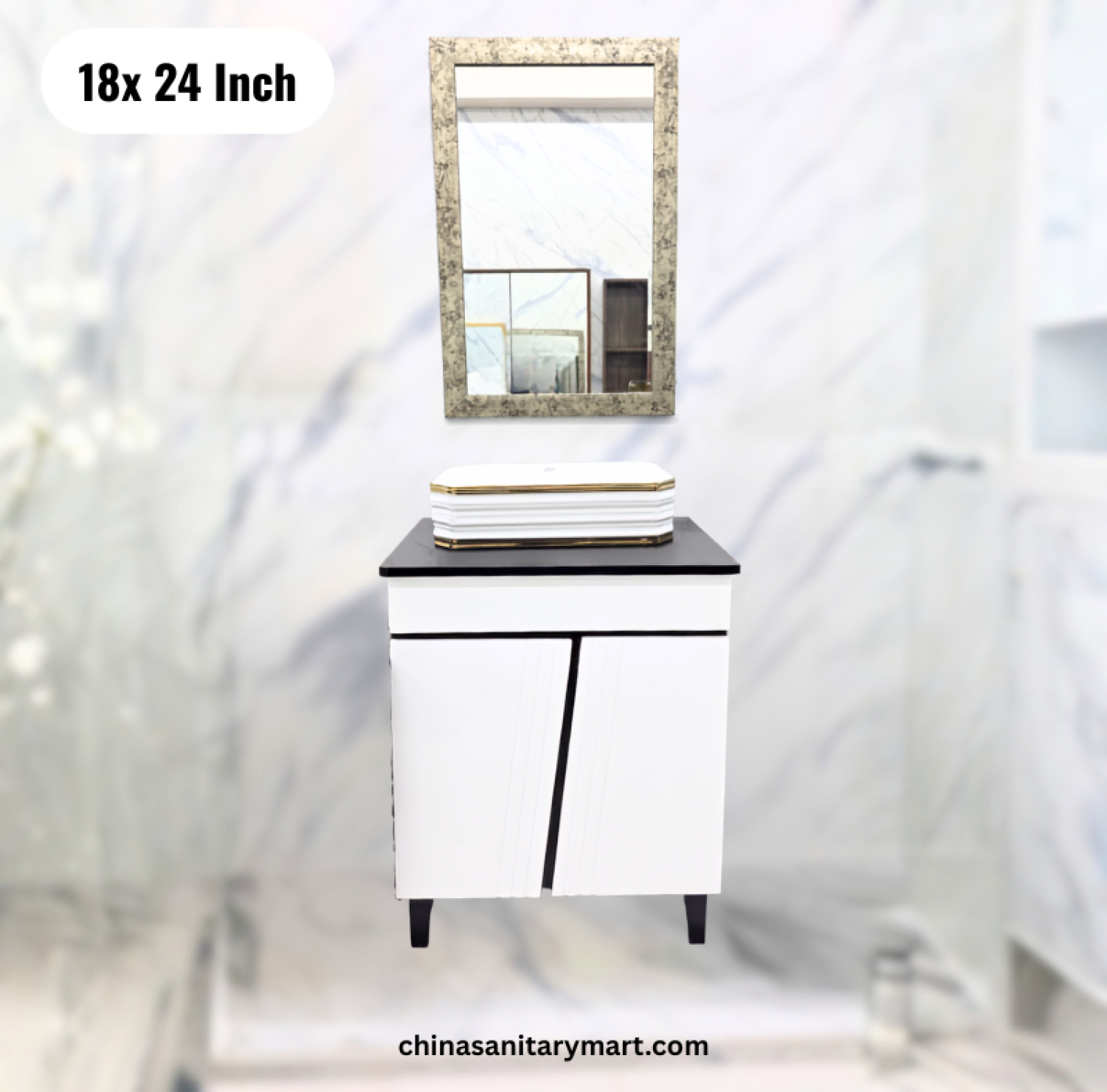 18x24 black white basin cabinet, 18x13 countertop basin, modern bathroom vanity with mirror, black white bathroom cabinet Bangladesh
