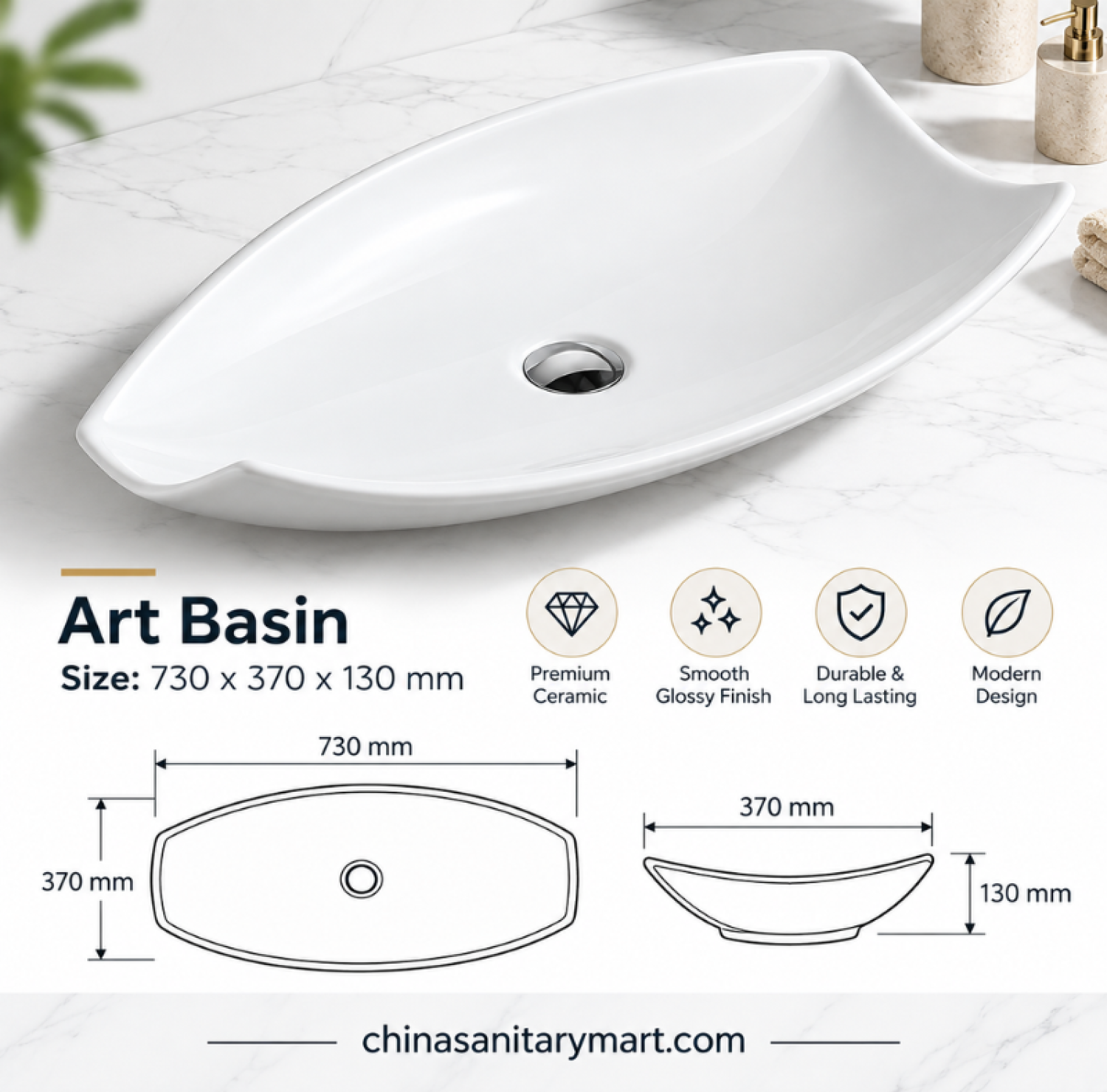 15x29 inch ARAB 8216 top basin, curved white ceramic basin, 29x15 inch countertop basin, modern bathroom top basin