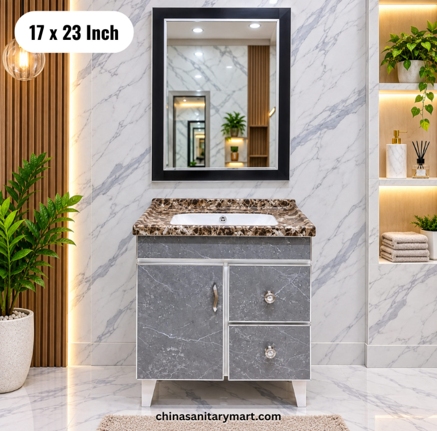 17x23 inch grey basin cabinet, integrated basin vanity, grey bathroom cabinet with mirror, modern bathroom vanity, grey marble basin cabinet