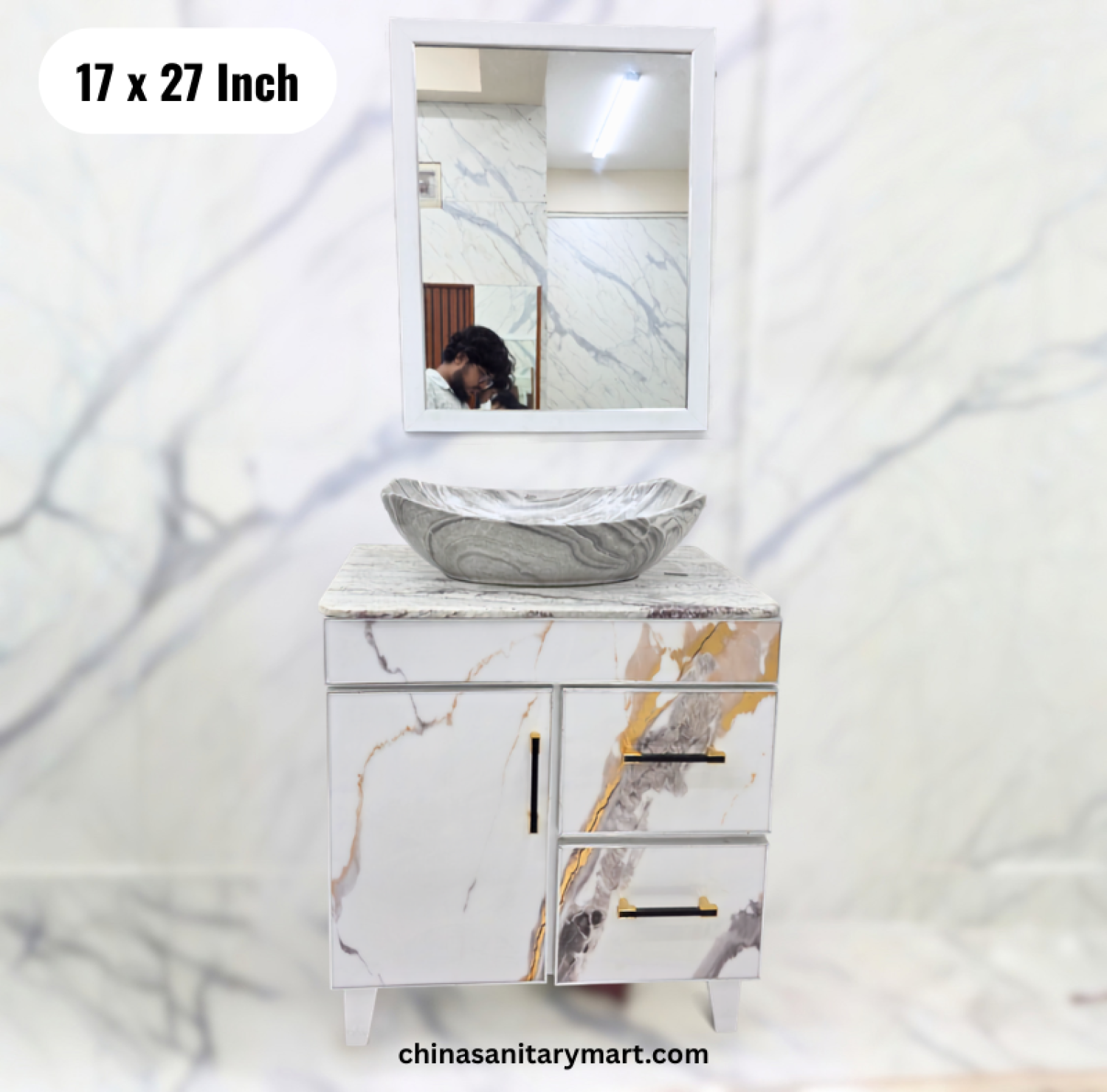 17x27 inch white marble basin cabinet, boat top basin vanity, white marble bathroom cabinet, basin cabinet with mirror, modern bathroom vanity set