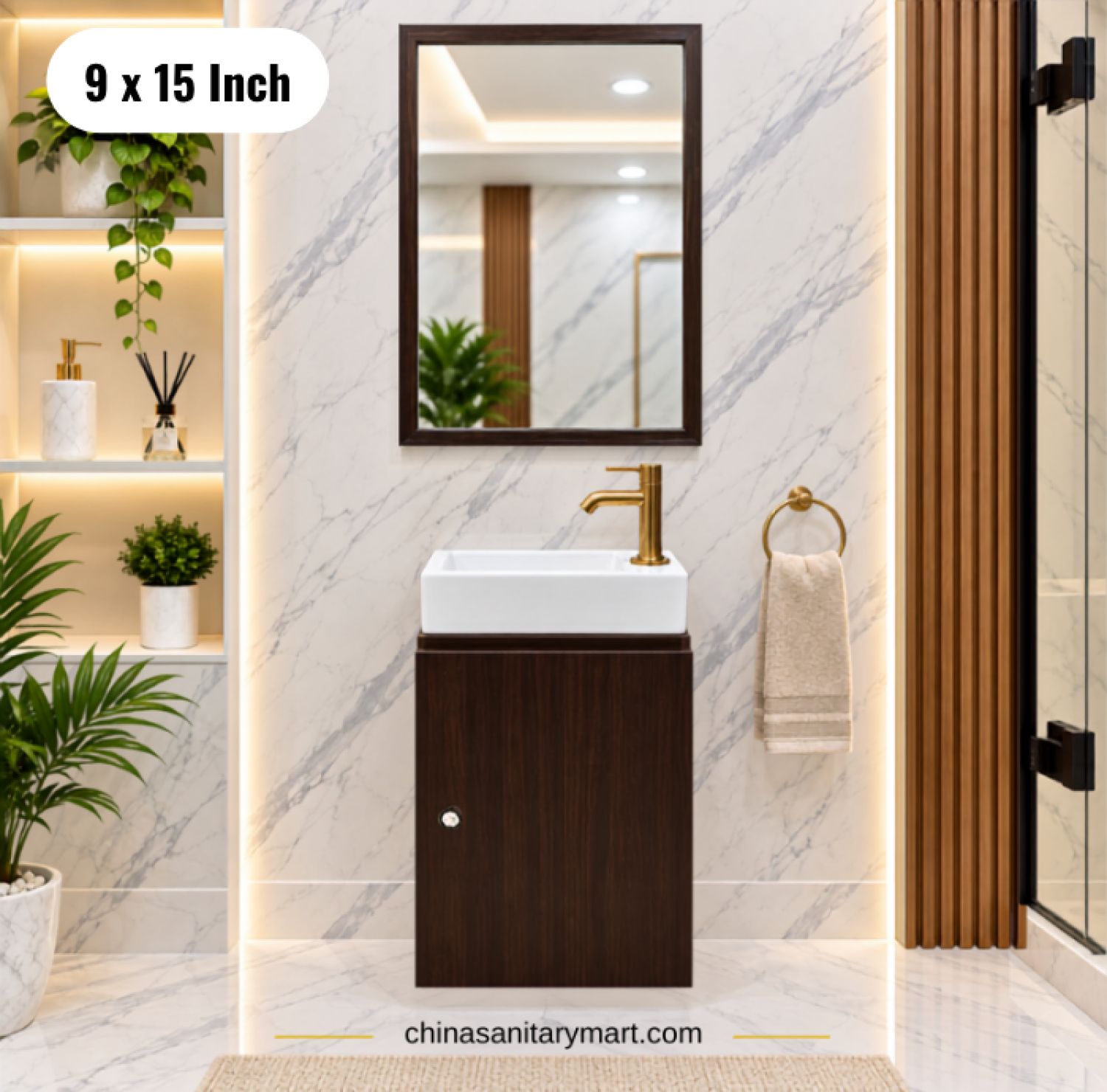 9x15 inch basin cabinet, dark wooden basin cabinet, wall mounted bathroom vanity, top basin with faucet and mirror, small bathroom vanity