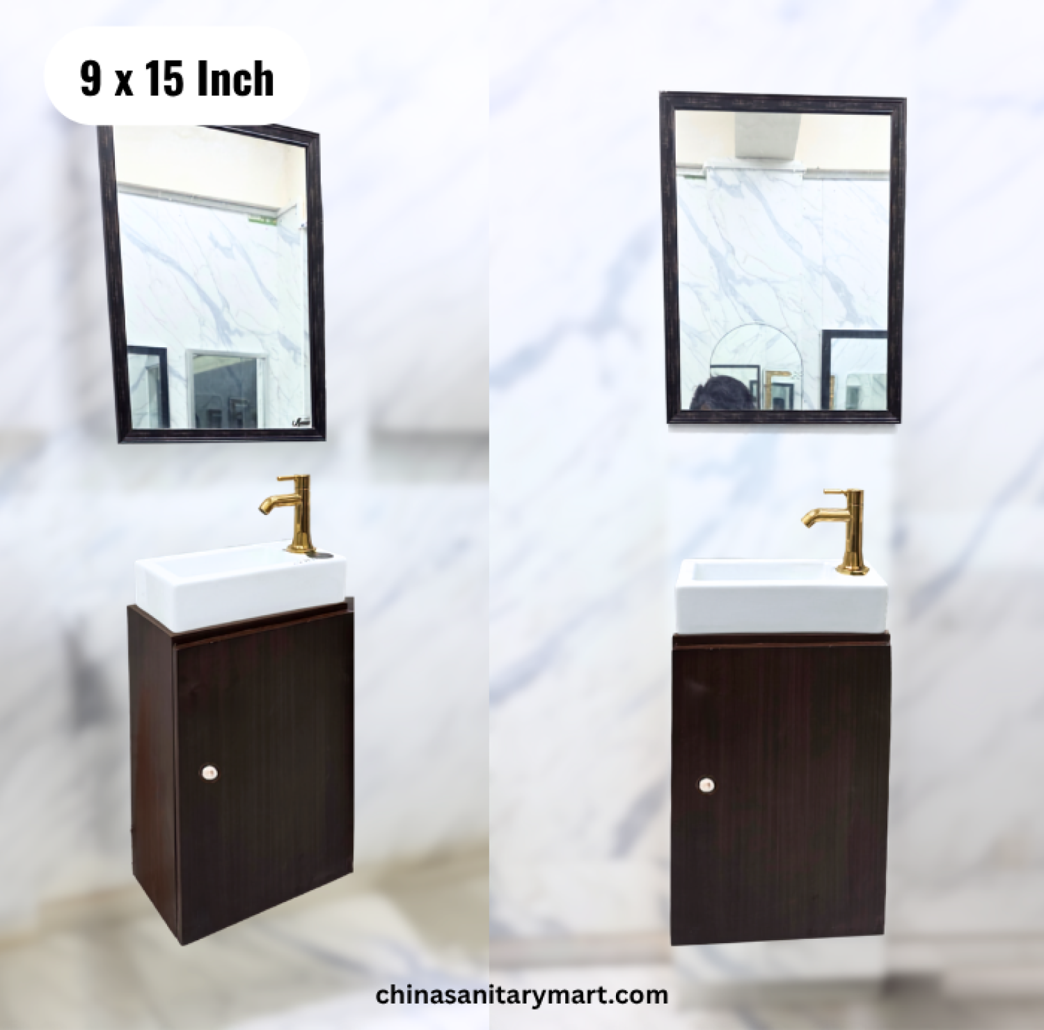 9x15 inch basin cabinet, dark wooden basin cabinet, wall mounted bathroom vanity, top basin with faucet and mirror, small bathroom vanity