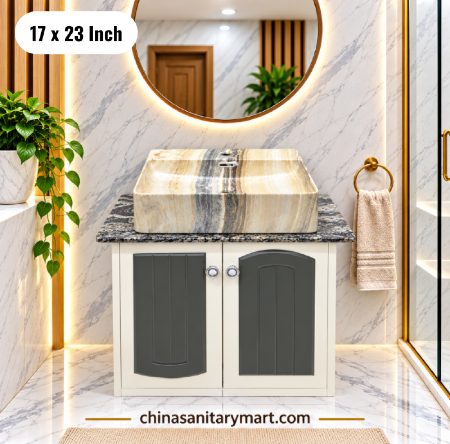 17x23 black gold basin cabinet, bathroom vanity, black gold top basin cabinet, white top basin with faucet, bathroom vanity with mirror