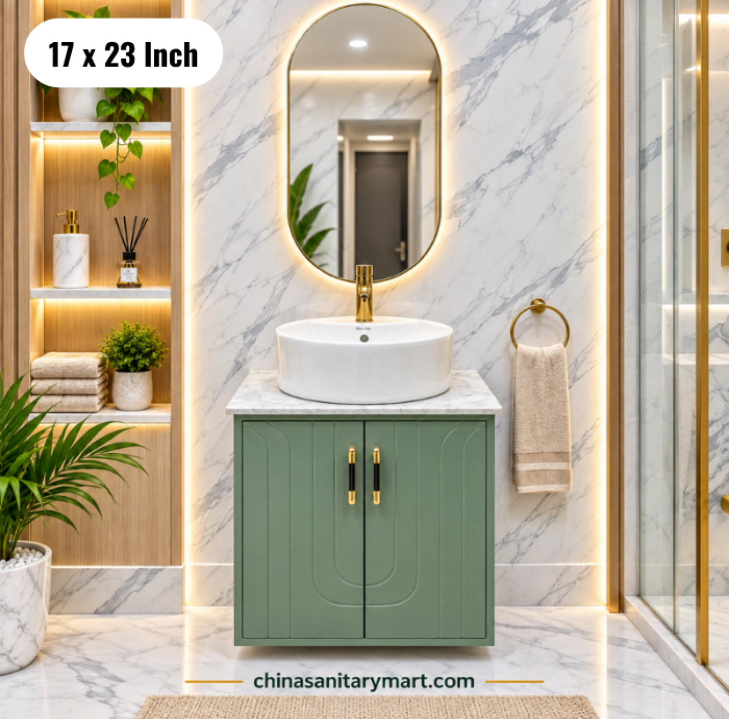 17x23 green basin cabinet, green bathroom vanity, white top basin with faucet, vanity with mirror, green basin cabinet Bangladesh