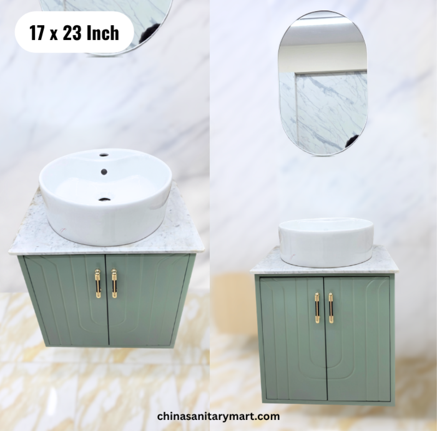 17x23 green basin cabinet, green bathroom vanity, white top basin with faucet, vanity with mirror, green basin cabinet Bangladesh