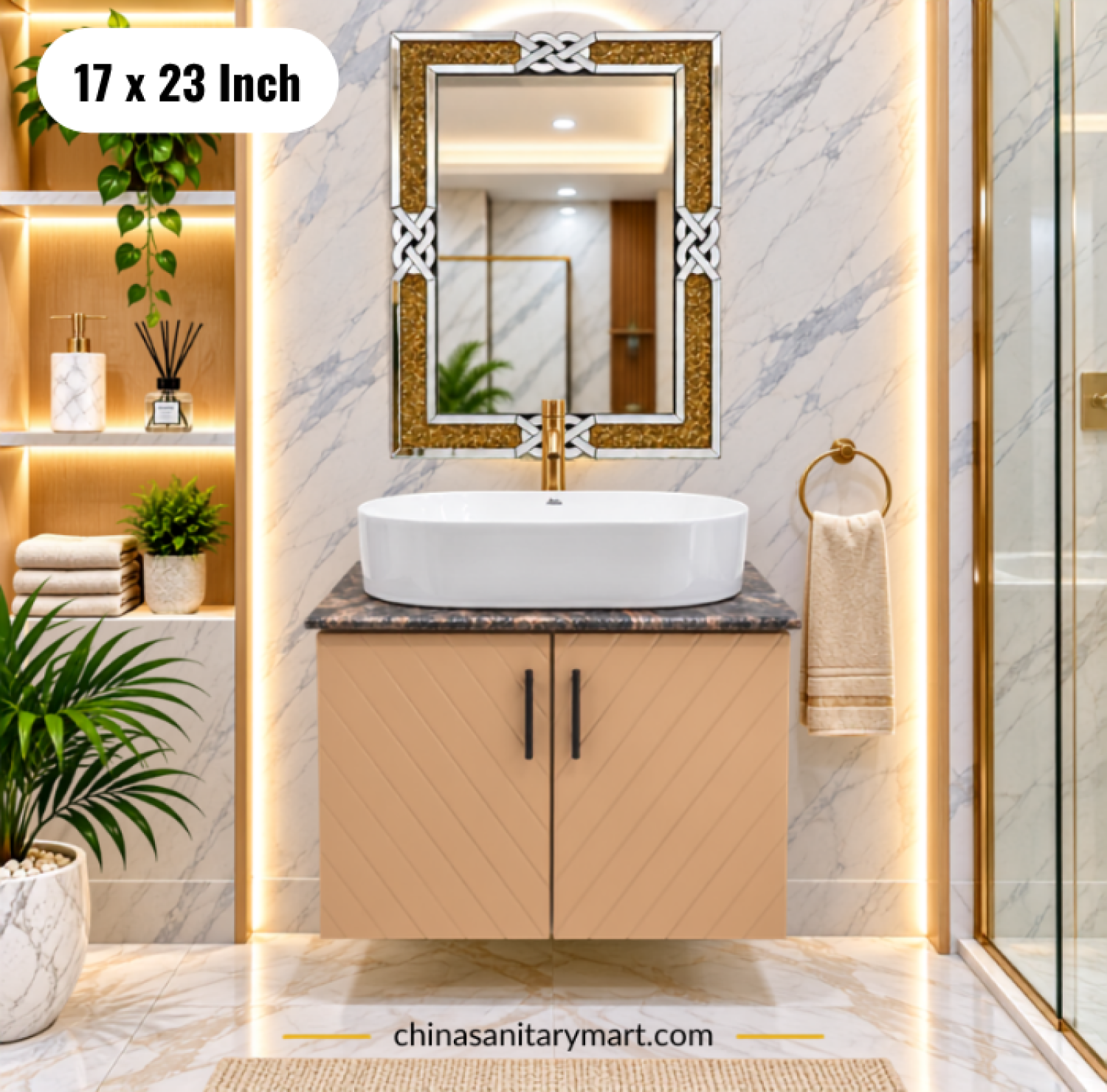 17x23 peach basin cabinet, peach bathroom vanity, white top basin with faucet,  basin cabinet with mirror, peach basin vanity Bangladesh