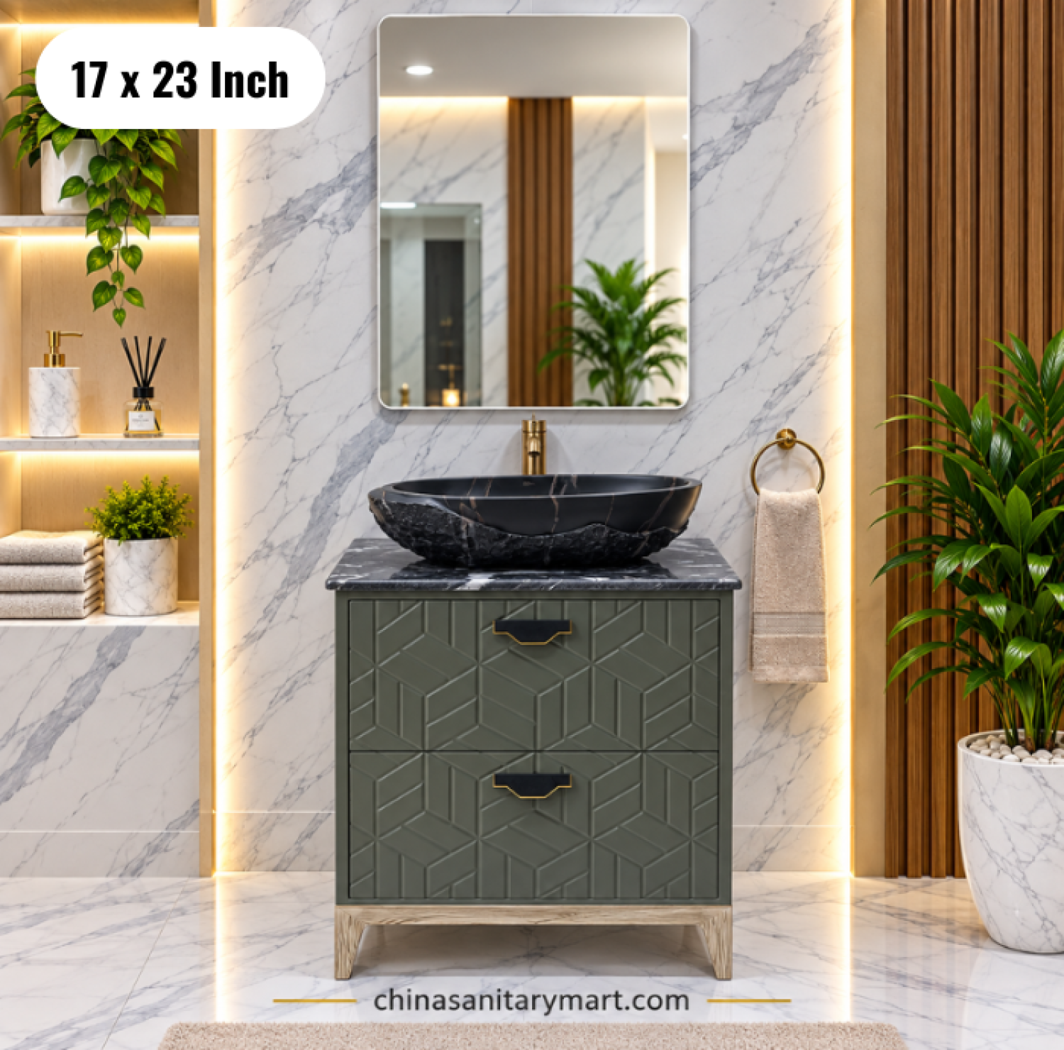17x23 sage green basin cabinet, sage green bathroom vanity, green basin cabinet with black top basin, basin cabinet with faucet and mirror, bathroom vanity Bangladesh