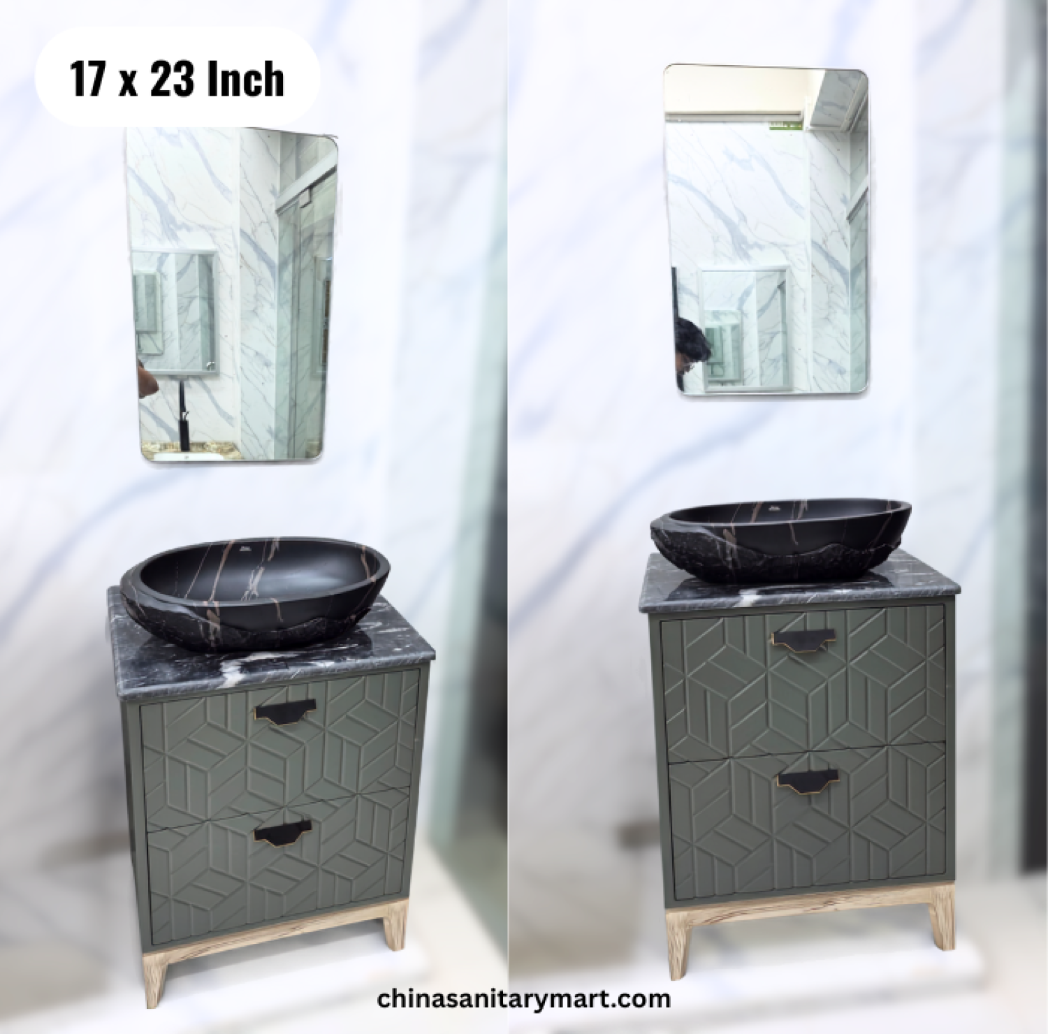 17x23 sage green basin cabinet, sage green bathroom vanity, green basin cabinet with black top basin, basin cabinet with faucet and mirror, bathroom vanity Bangladesh